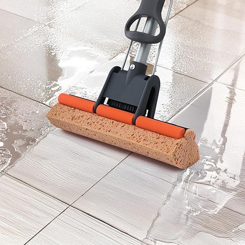 Miniatura 4 de Trapeadores de esponja para limpieza de suelos con 2 repuestos de cabezal de celulosa y mango largo de 55 pulgadas, trapeador de rodillo resistente,