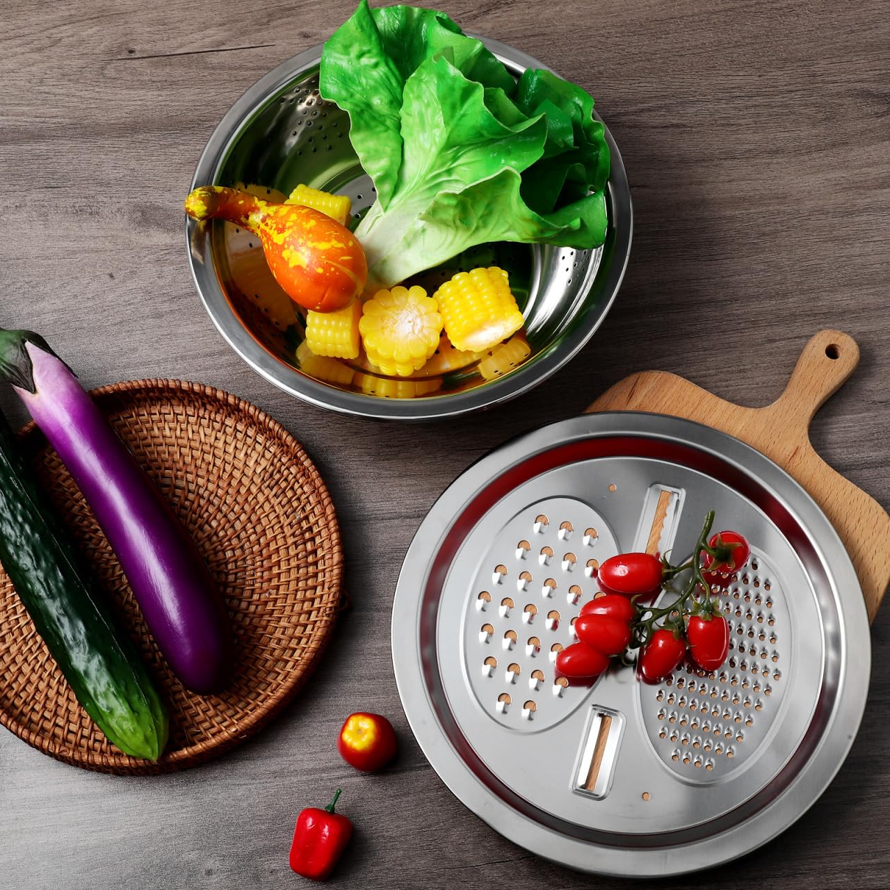 Ciieeo Bassine Inox Multifonction avec Passoire Égouttoir pour Fruits et Légumes Bol de Lavage et Panier de Stockage Alimentaire Évier de Cuisine Pratique et Facile à Nettoyer