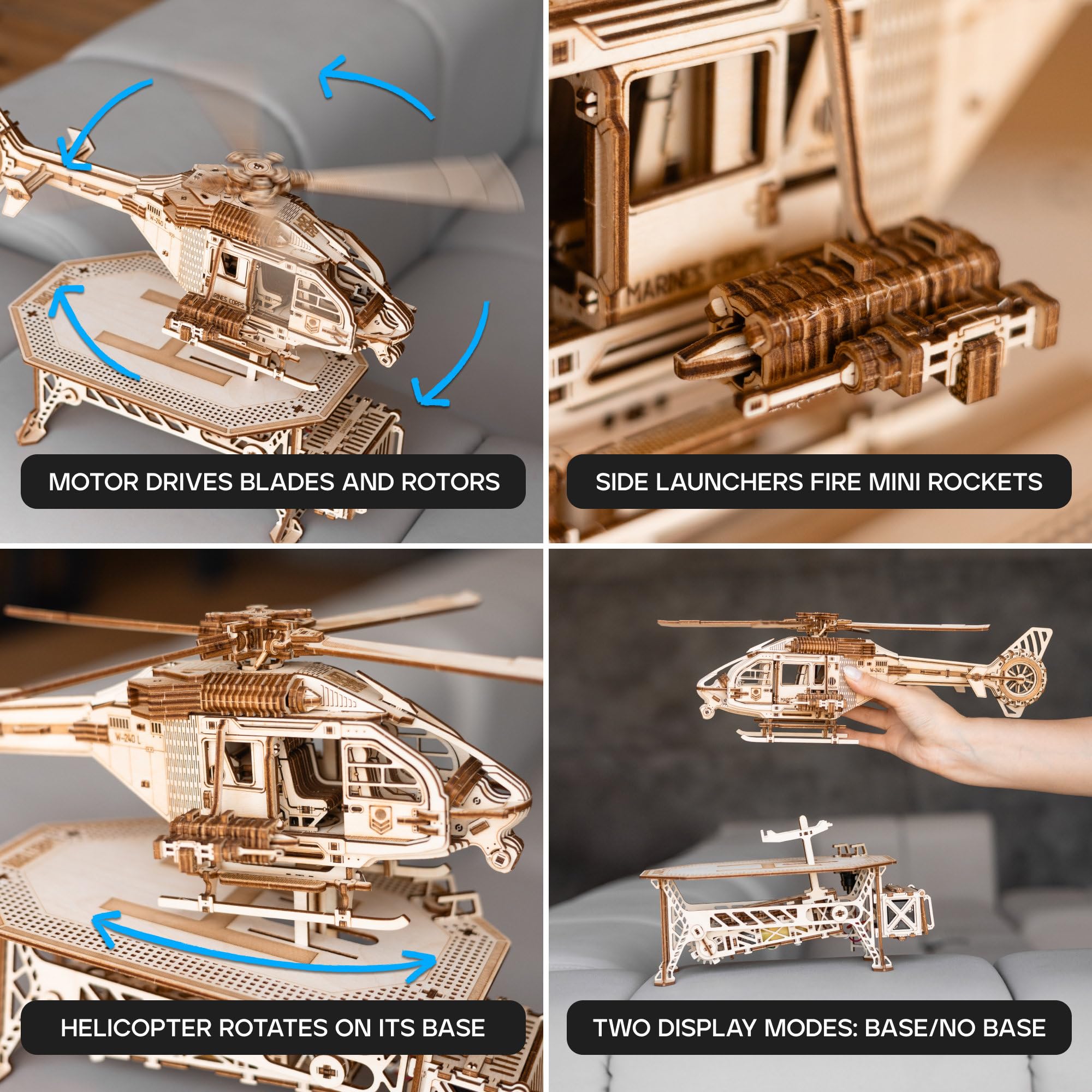 Wood Trick Thunder Chopper Elektryczny helikopter, 3D, drewniane puzzle dla dorosłych, obracające się wirniki i ostrza, szczegółowy design, mechaniczne modele drewniane dla dorosłych