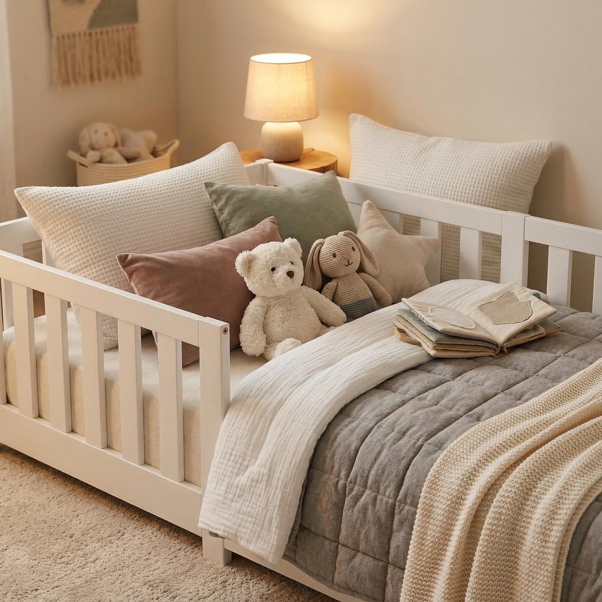 ecomi® Kinderbett 80x160 mit Rausfallschutz Bodenbett Kinder Bett mit Lattenrost für Kinder Kinderbetten für Mädchen und Jungen Massivholz Kiefer in Weiß