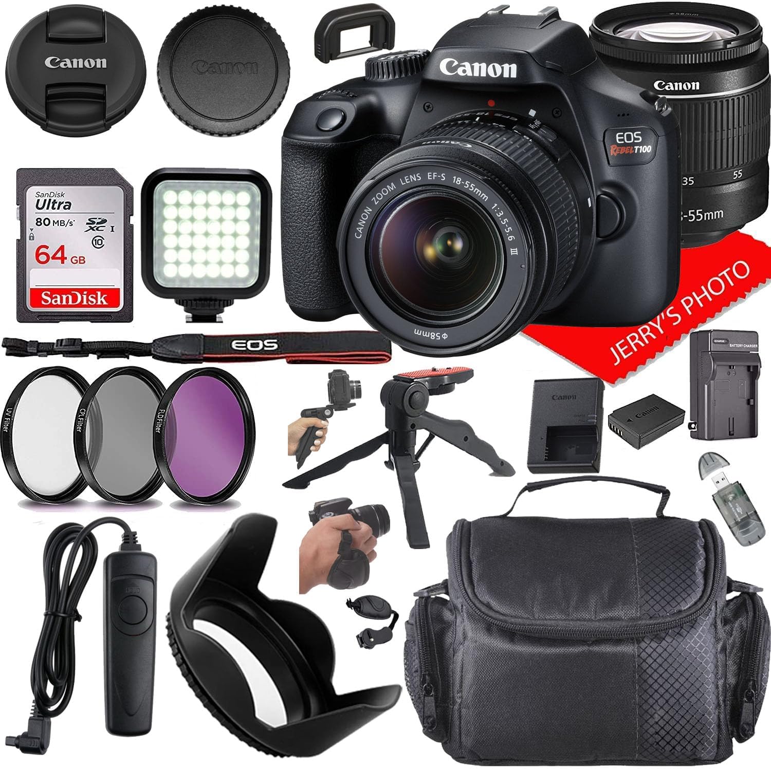 Canon EOS Rebel T100 DSLR Camera w/Canon EF-S 18-55mm F/3.5-5.6 DC III Zoom Lens + Case + 64GB Memory (19pc Bundle) (Renewed) Canon EOS Rebel T100 DSLR Camera w/Canon EF-S 18-55mm F/3.5-5.6 DC III Zoom Lens + Case + 64GB Memory (19pc Bundle) (Renewed)