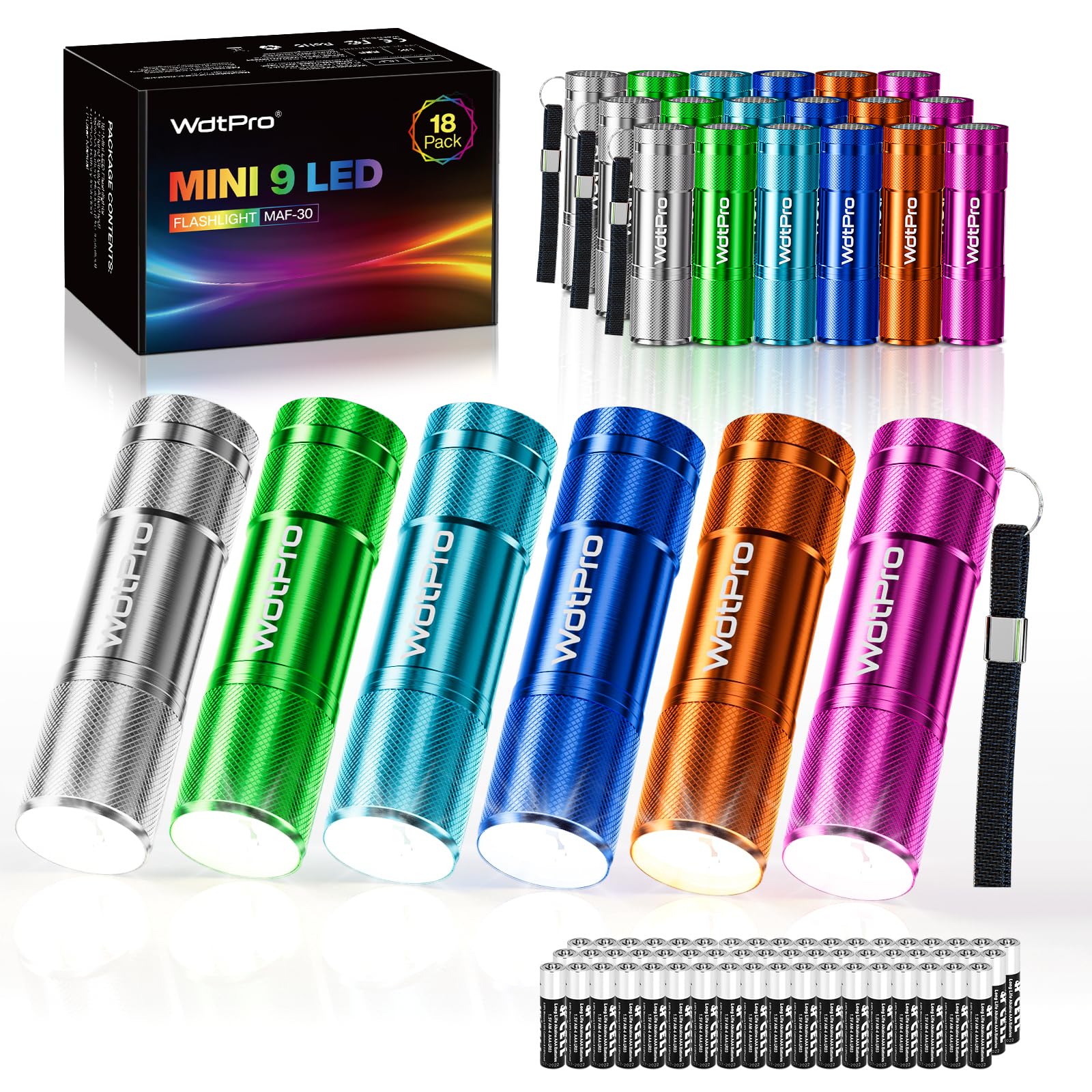 WdtProLED Mini Flashlights 18 Pack, Aluminum Bright Flash Light with Lanyard, Assorted Colors, Small Flashlight for Home, Power Outage, Kids Reading, Camping, Party, Gift with Batteries