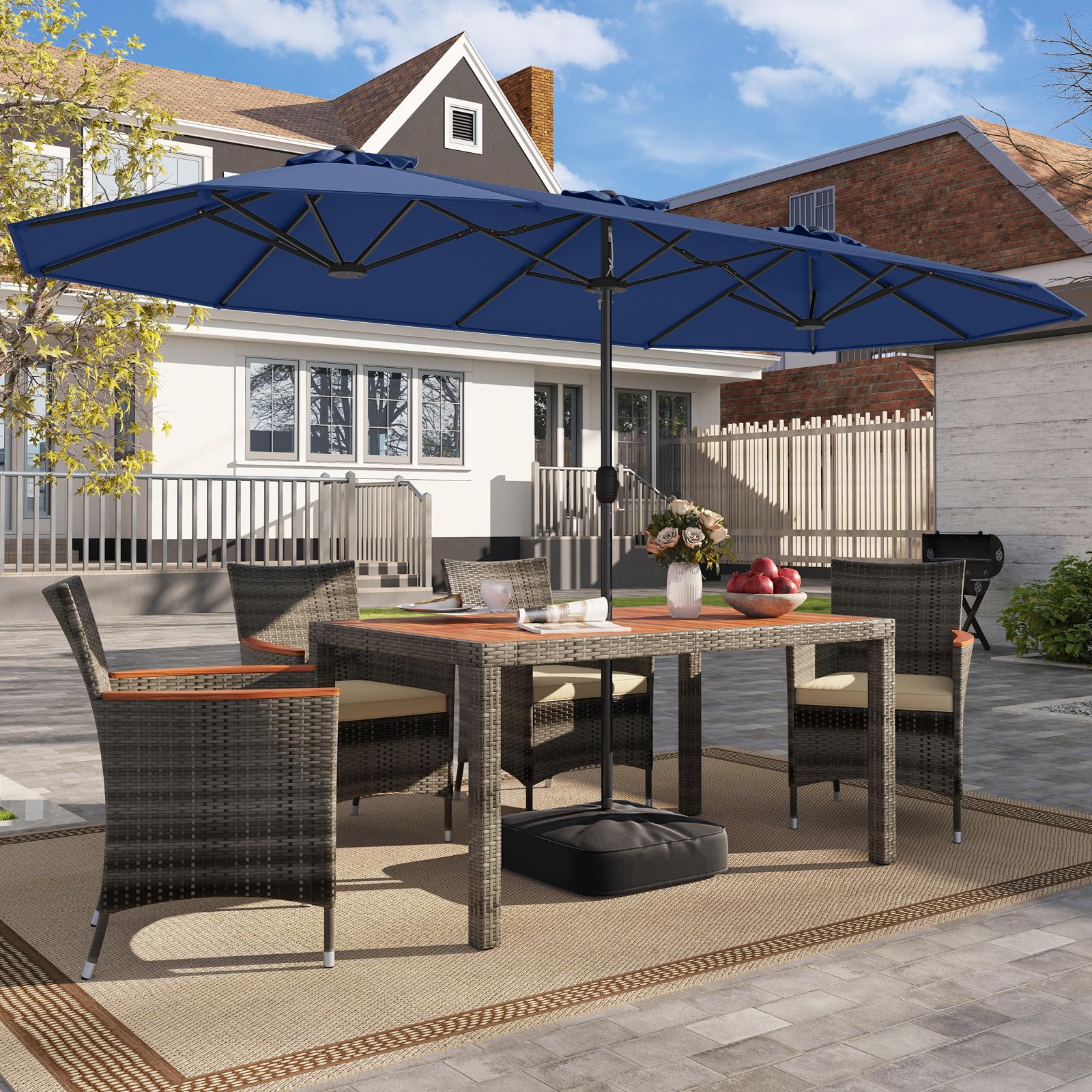 RELAX4LIFE Grand Parasol de Jardin Extérieur avec Pied | Parasol Double Terrasse à 12 Baleines | Manivelle | Polyester Résistant | Verrou de Sécurité | Protection UV pour Piscine Patio Marché (Marine)