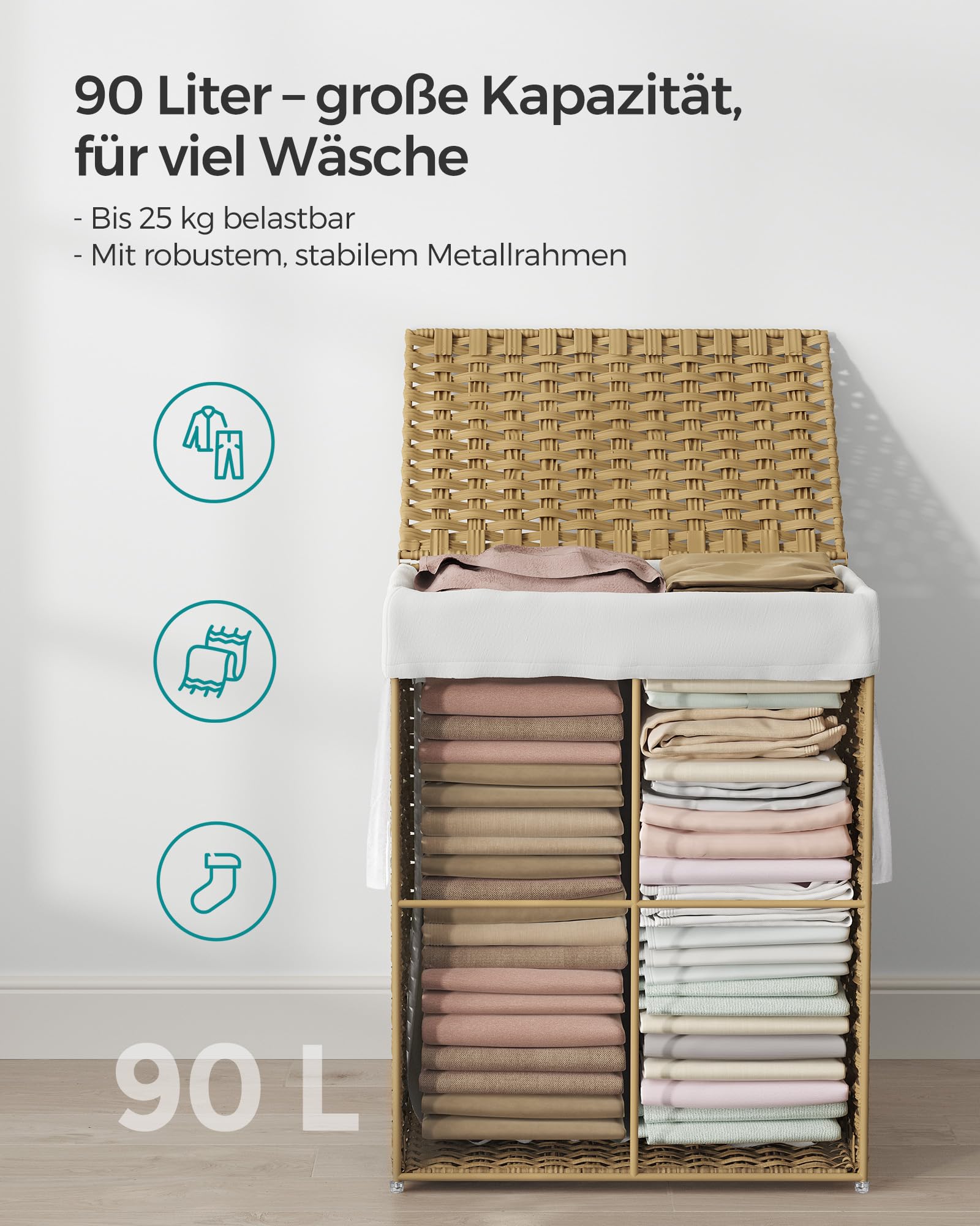 SONGMICS Wäschekorb, Wäschesammler 90 L, Wäschebox aus synthetischem Rattan, mit Deckel und Griffen, geflochten, faltbar, herausnehmbarer Wäschesack, pastellgelb LCB51NL