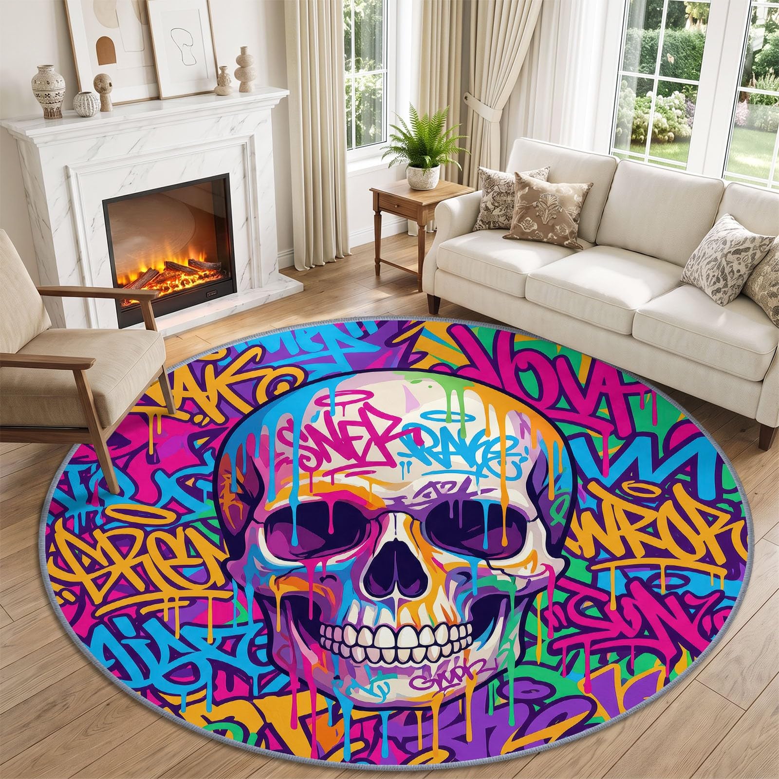 Street Graffiti dywan z czaszką do salonu, okrągły dywan, 100 cm