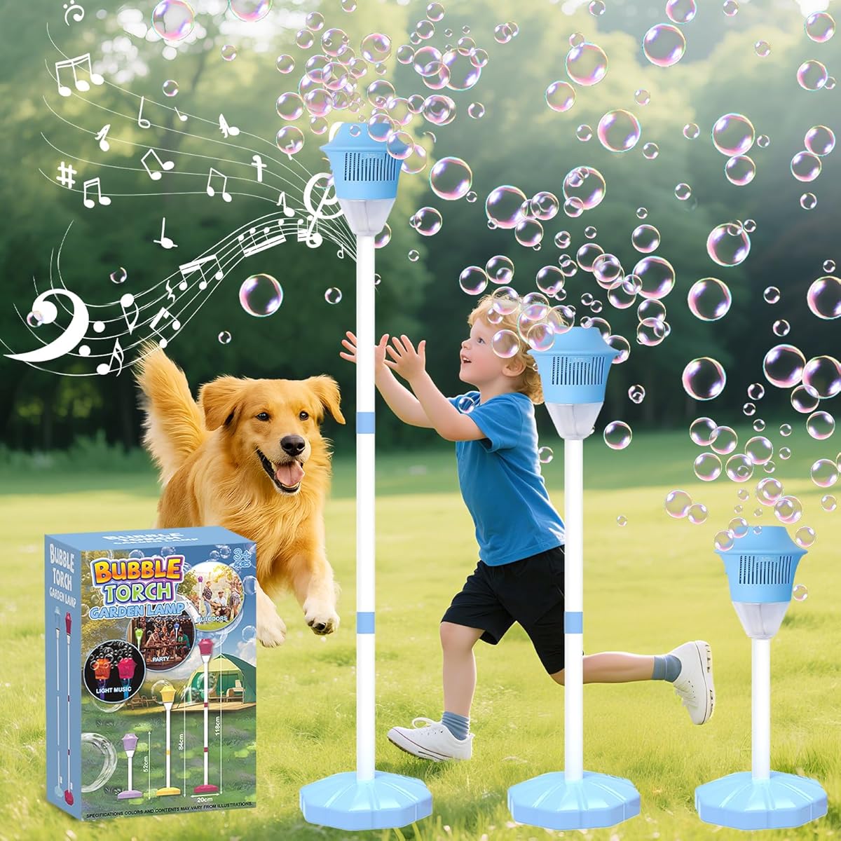 Infowush Bubble Machine for Kids, Automatic Standing Bubble Maker Machine Height Adjustable Up to 47 Inches Outdoor Battery Bubble Machine with Light/Music for Toddlers Birthday Party Gifts（Blue）