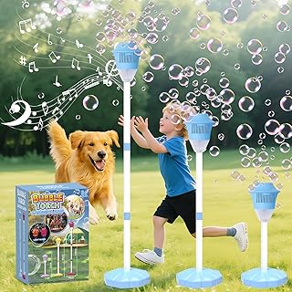 Bubble Machine for Kids, Automatic Standing Bubble Maker Machine Height Adjustable Up to 47 Inches Outdoor Battery Bubble Machine with Light/Music for Toddlers Birthday Party Gifts（Blue）