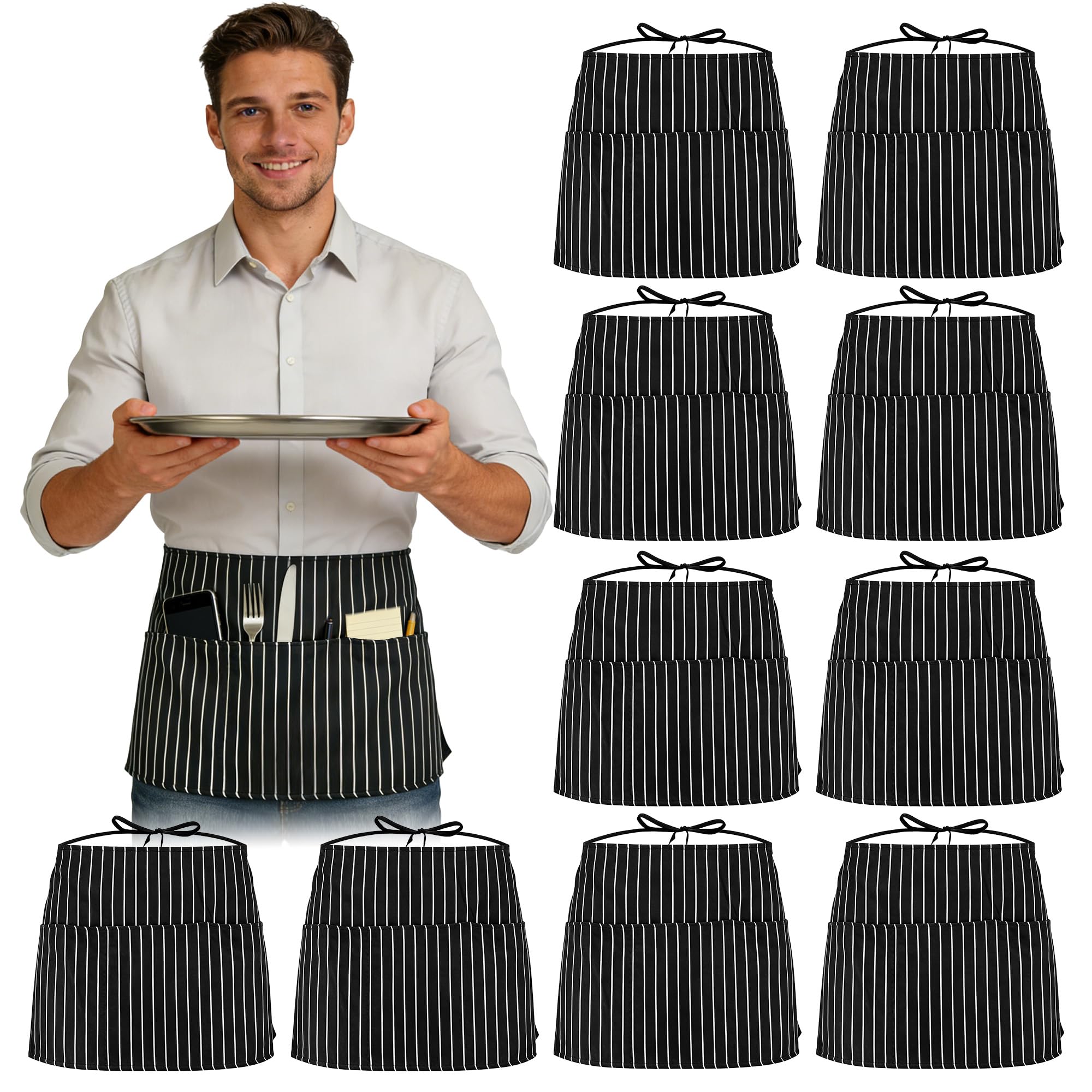 WENLISELL 10 Pack Waist Apron, Stripe Half Aprons with 3 Pockets, 63x47cm Short Chef Apron for Home Kitchen Restaurant Work, Cooking, Waiter, Baking