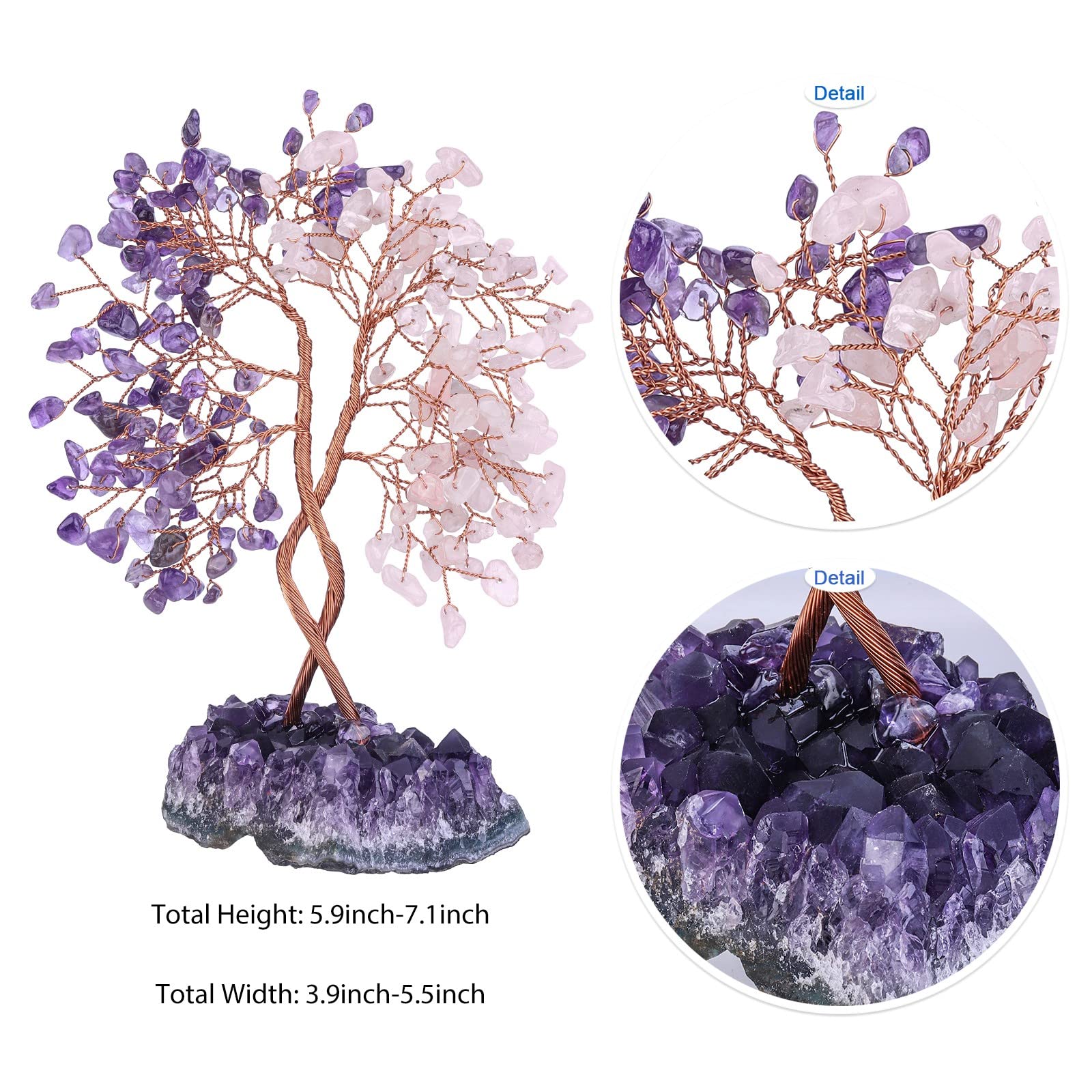 KYEYGWO Amethyst & Rose Quartz Crystal Money Tree with Natural Amethyst Cluster Base - Image 2