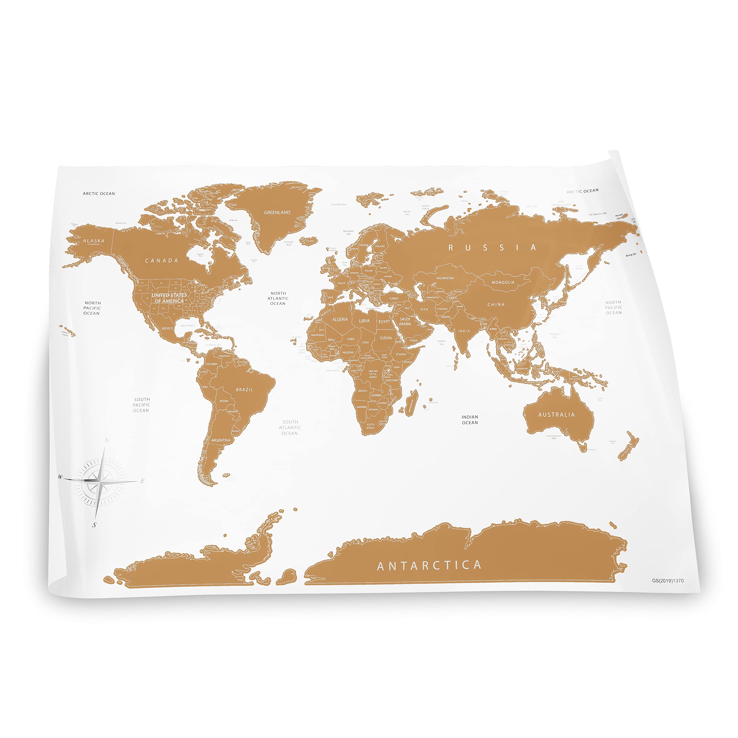 Hochwertige Rubbel Weltkarte 84x58cm - XXL Poster zum Freirubbeln, mit Rubbelchip - Rubbelkarte Welt gold, weiß - Scratch Off Map (Englisch)