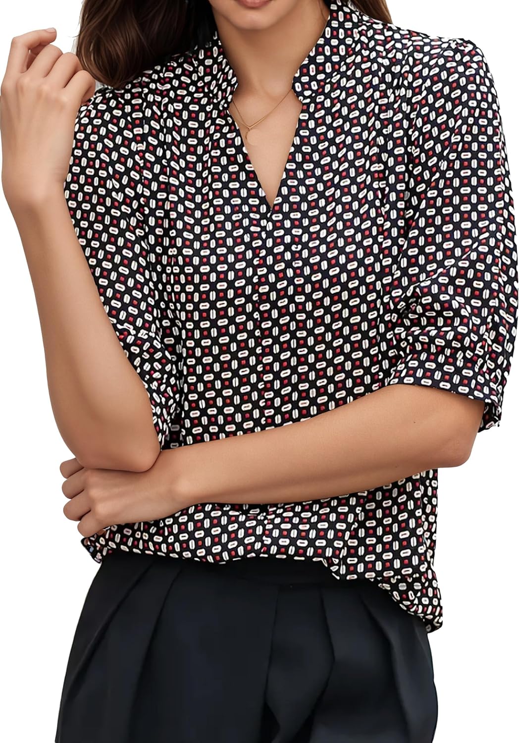 Womens Summer Business Casual Blouses Shirts V Neck Print Short Sleeve Work Tops Tunic - Image 3
