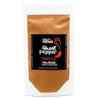 Cali Pepper Ghost Pepper Powder, 1.5 oz 42.5 g, Very Hot Over 900,000 SHU, 100% Bhut Jolokia Chili Powder, Resealable Pouch for Hot Sauce, Seasoning, Chili