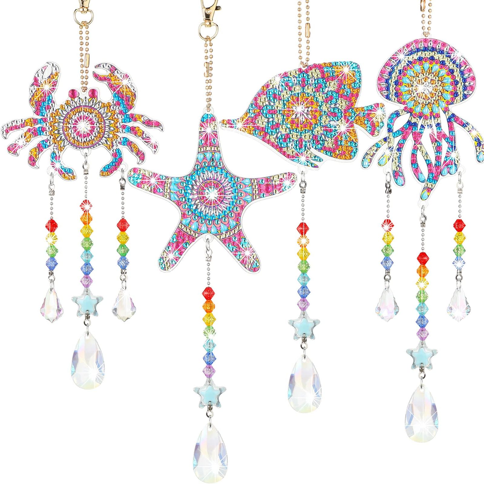 Queekay 4 Pcs Diamond Suncatcher Wind Chime Sea Animal Double Sided Crystal