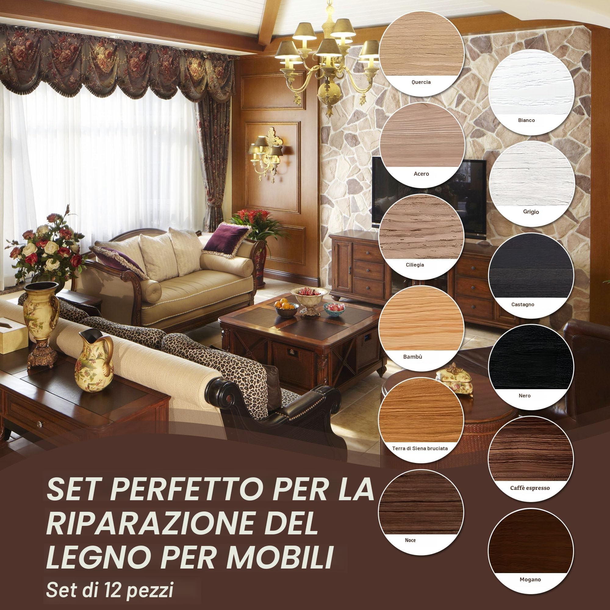 Kit di Riparazione di Mobili, 12 Colori Kit di Riparazione per Legno, Kit di Riparazione di Pavimenti in Legno, Stucchi per Legno per Ritocchi Riparazione di Graffi, Crepe, Scolorimento Superfici