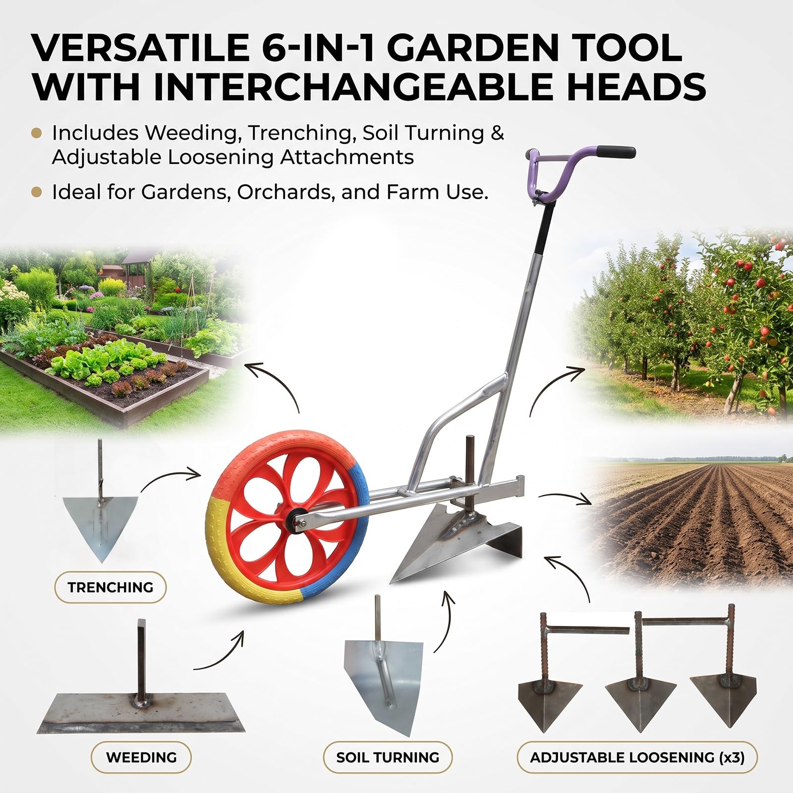 Herramienta Multifuncional de jardín: escardadora, surcadora y aireadora de Suelo; azada con Rueda Grande, abridor de surcos Manual y cultivador para Granjas, Patios y parterres