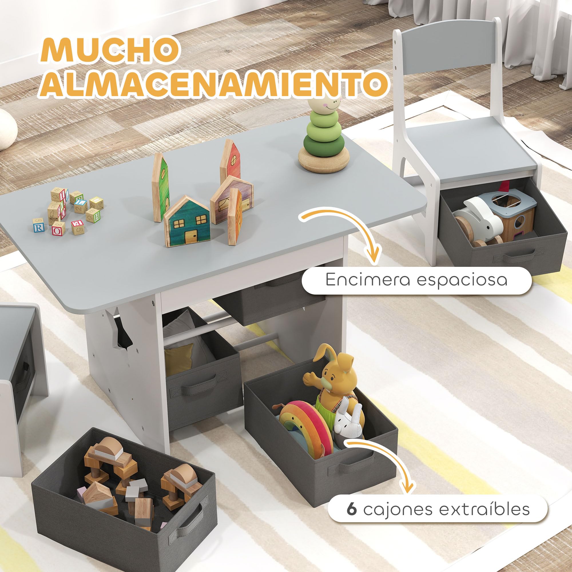 AIYAPLAY Mesa Infantil con 2 Sillas, Mesa y Sillas Infantil con 6 Cajones de Tela, Diseño Estrellas, para Niños y Niñas de 3-8 Años, para Hogar, Guardería, Aulas, Gris Claro