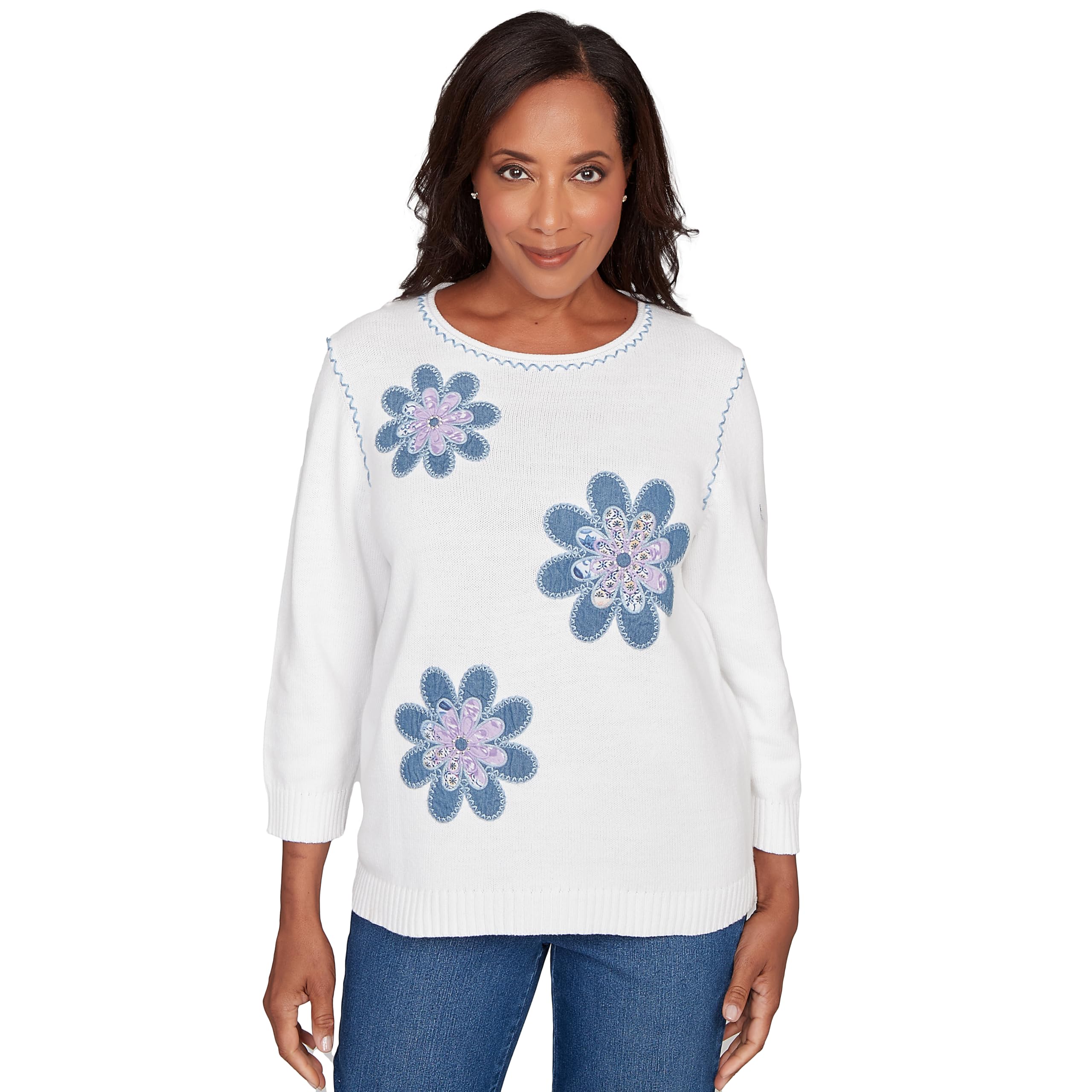 Alfred Dunner Womens Quilted Denim Applique Flower Sweater