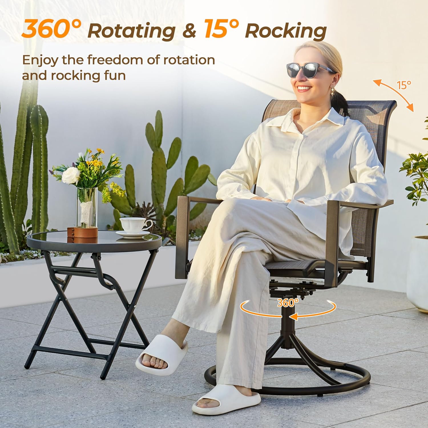 Close-up of the heavy-duty metal frame of the Yaheetech Patio Swivel Chair, highlighting its stability, durability, powder coating, and smooth finish