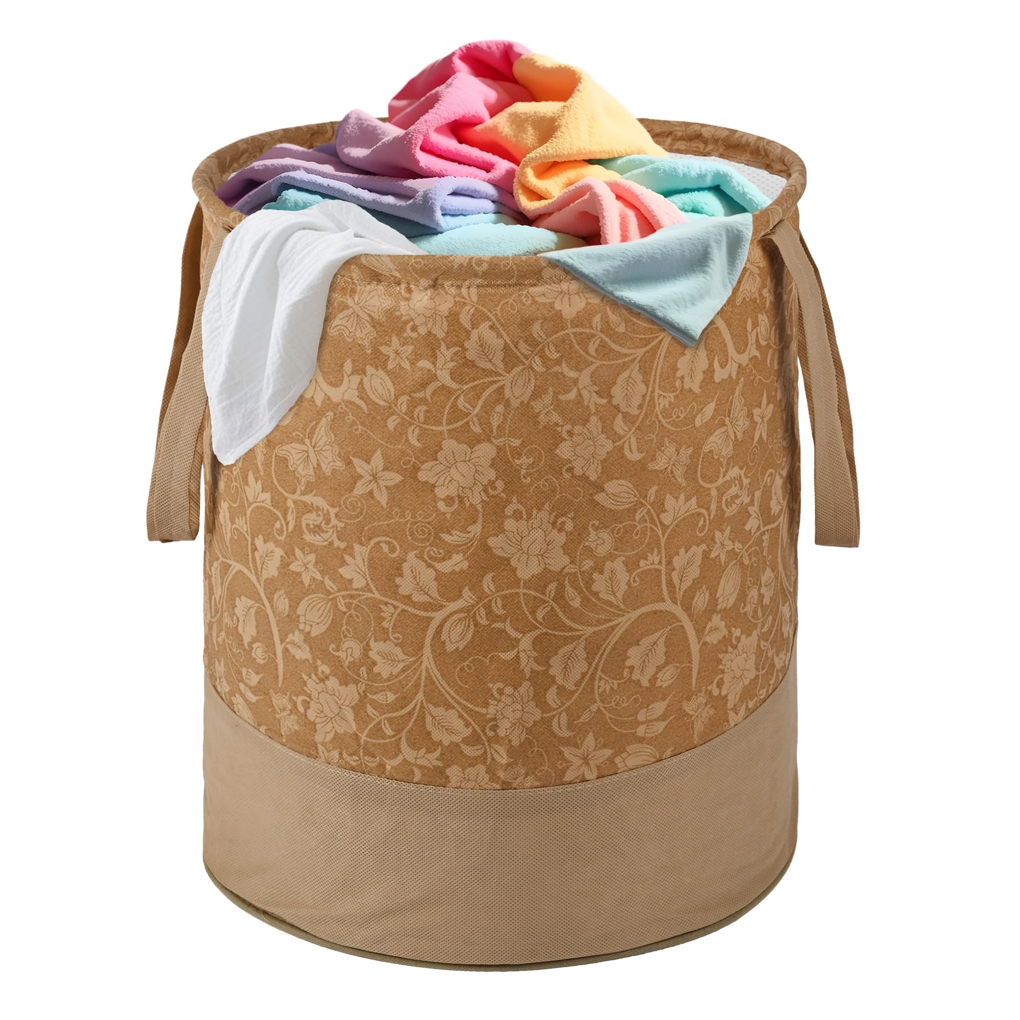 45L Foldable Dirty Clothes Laundry Basket With Handles For Washing - Baby Unwashed Dress Bin/Storage Box | Flower Print - Brown