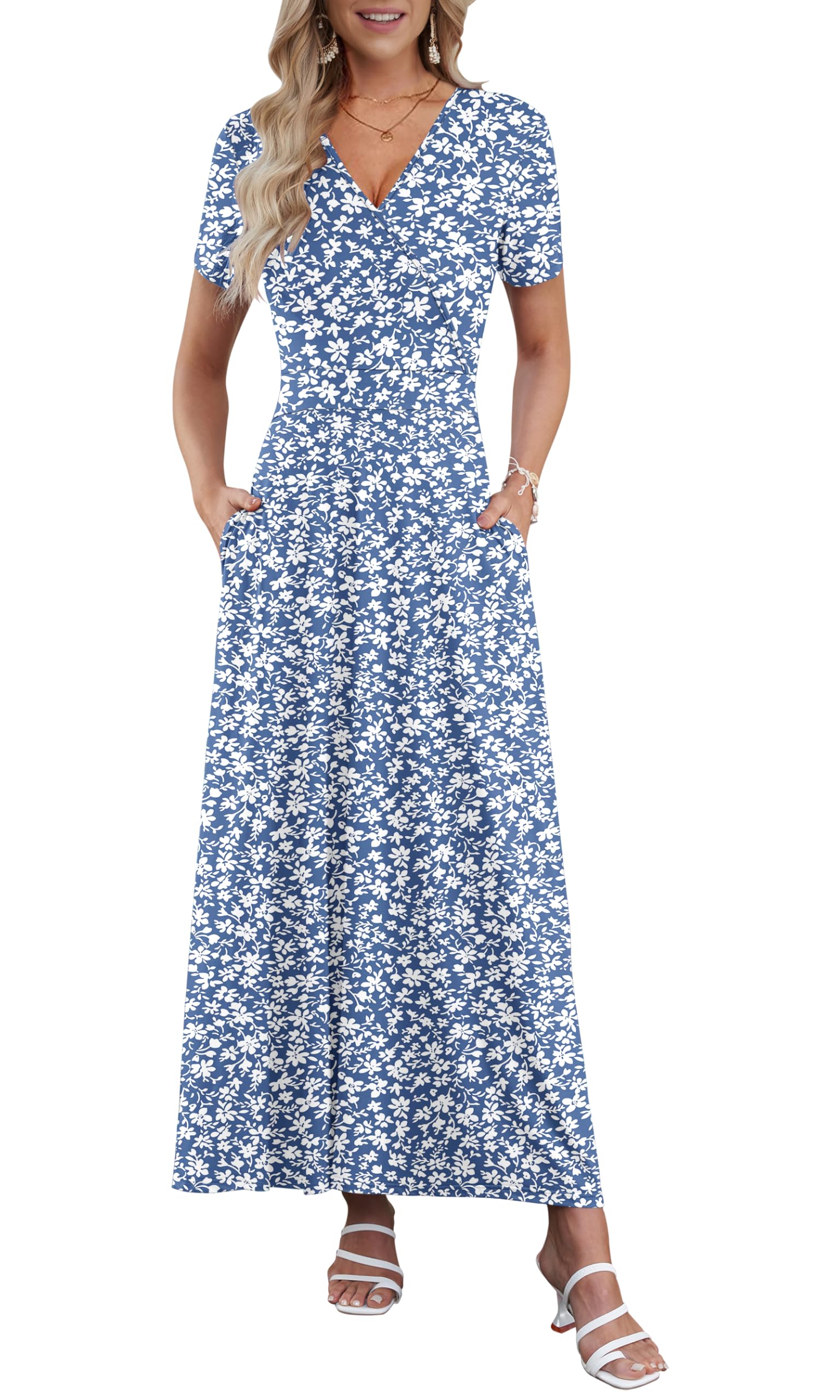 AUSELILY Maxikleid Damen Sommer Kurzarm V-Ausschnitt Cocktailkleid Wickelkleid Sexy Sommerkleider Damen Leicht und Luftig mit Taschen