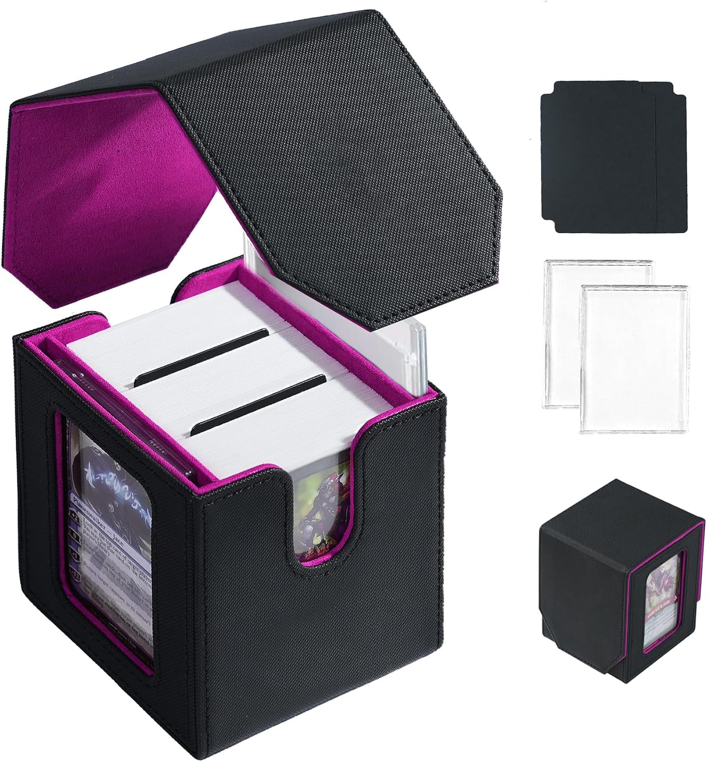 Commander Dual Display Deck Box — Patented Design Holds 130 Double-Sleeved/100 Triple-Sleeved Cards, Includes 2 Thick Card Bricks & 2 Dividers, Leather Multi-Function Storage Case (Black Purple)