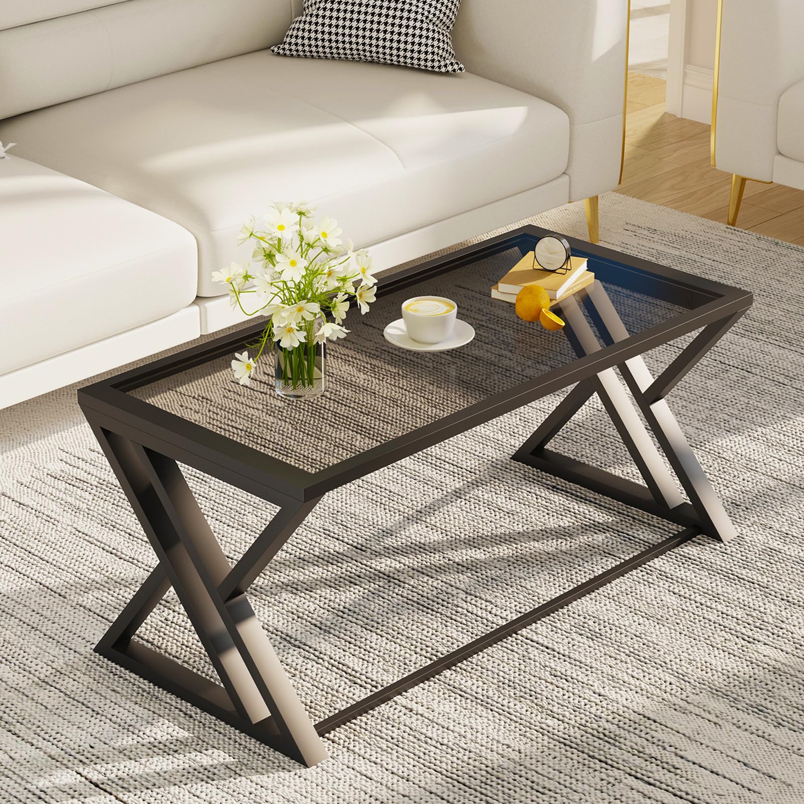Wolawu Coffee Table Grey Glass Coffee Table for Living Room,Modern Rectangular Center Table with Sturdy Metal Frame,Tempered Glass Table Tea Tables