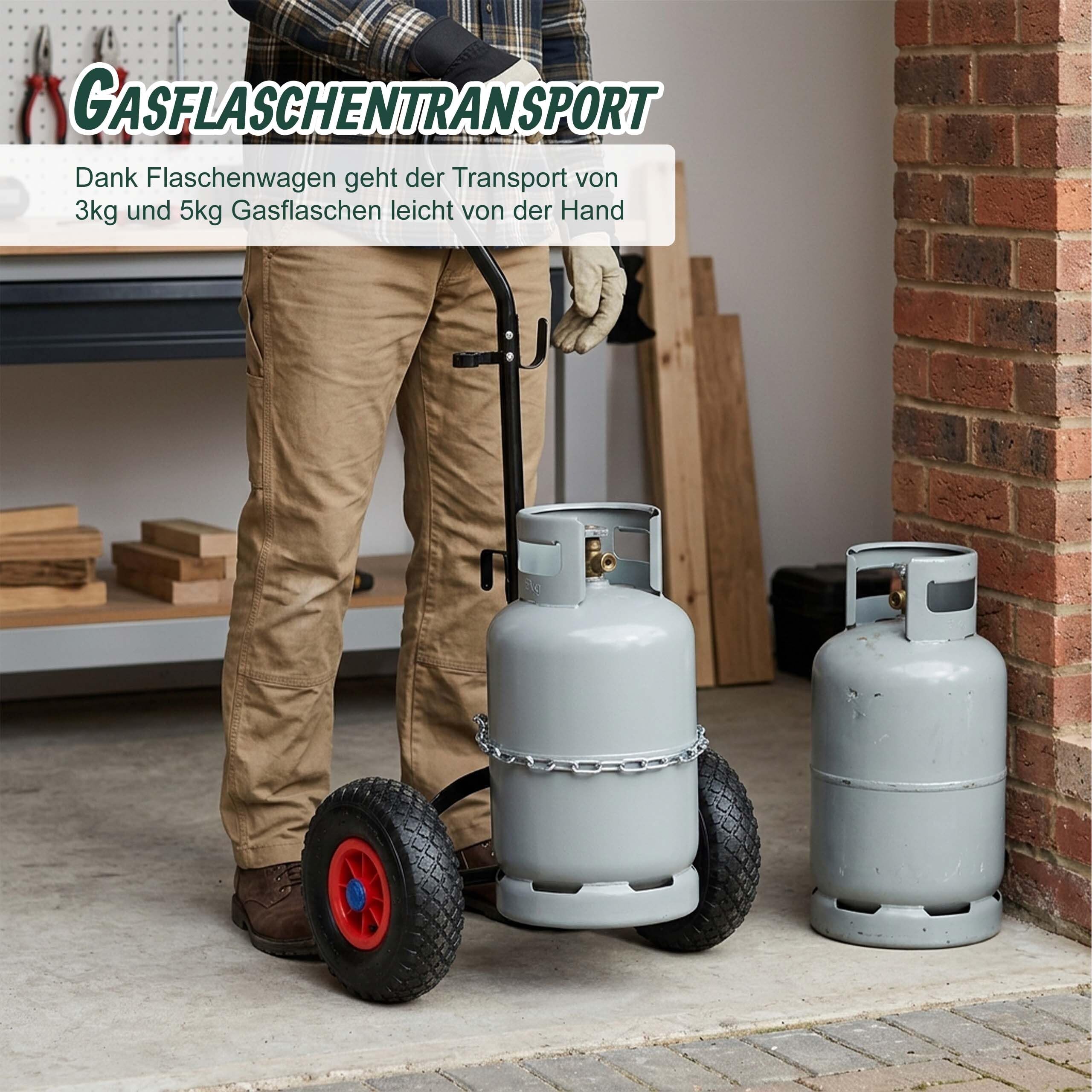 Relaxdays Transportwagen für Gasflaschen, für 3 & 5 kg Flaschen, Luftreifen, Stahl, Gasflaschenwagen, blau/rot