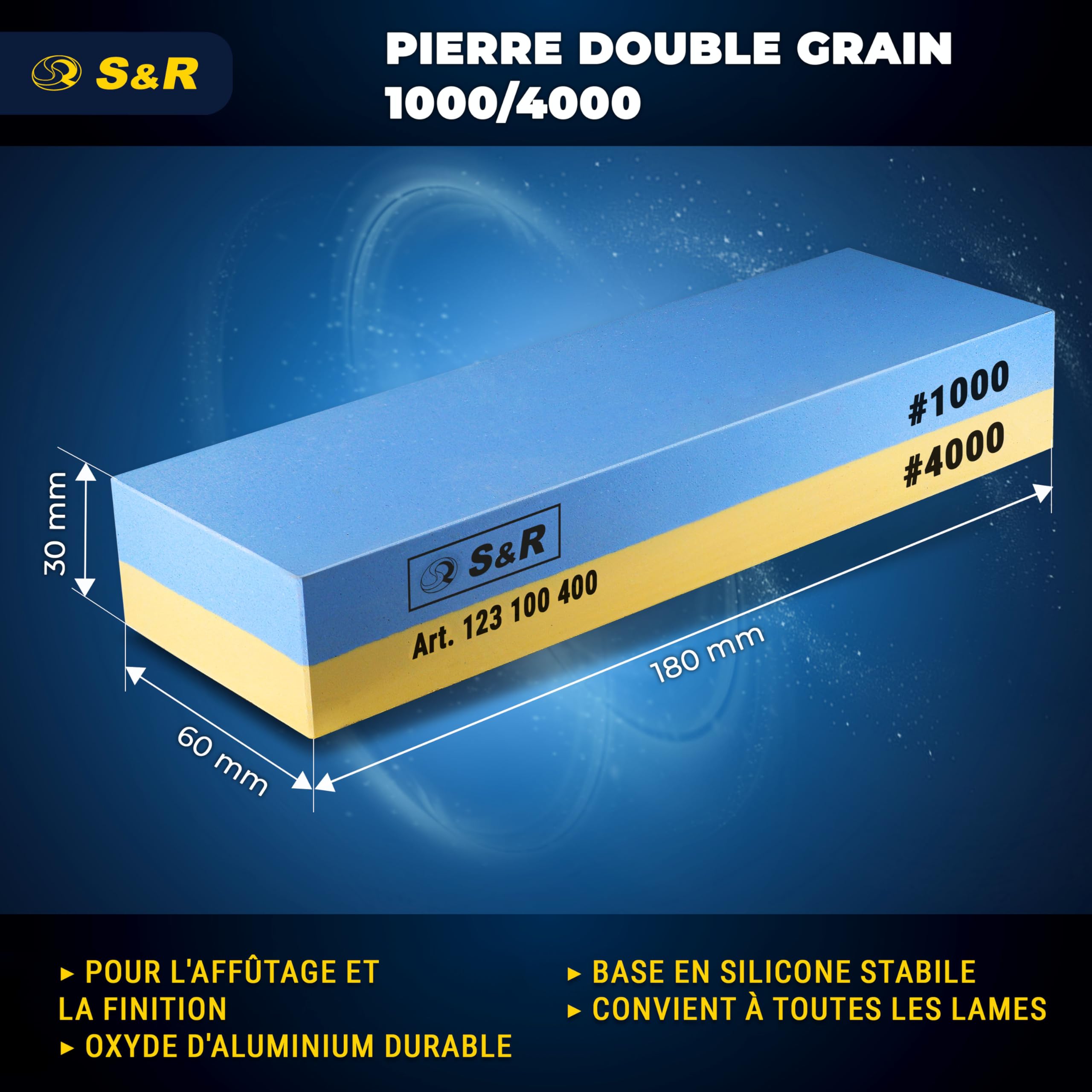 Pierre à Aiguiser S&R Double Face 400/1000 - Corindon 100% - Pour Couteaux, Ciseaux, Sécateurs, Burins - Avec Support Silicone