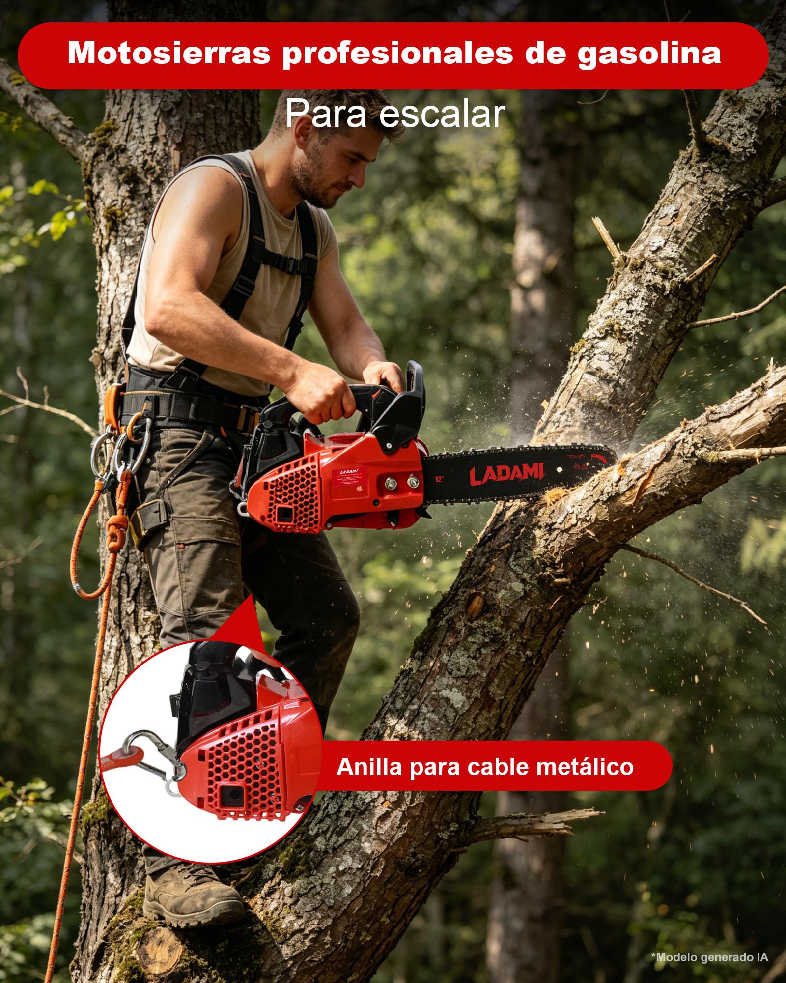 Motosierra de gasolina de 25 CC, 2 tiempos, hojas de sierra de 12 pulgadas, 2 cadenas, motosierra portátil, interruptor de seguridad, sierra de cuidado de árboles de gasolina para tijeras de