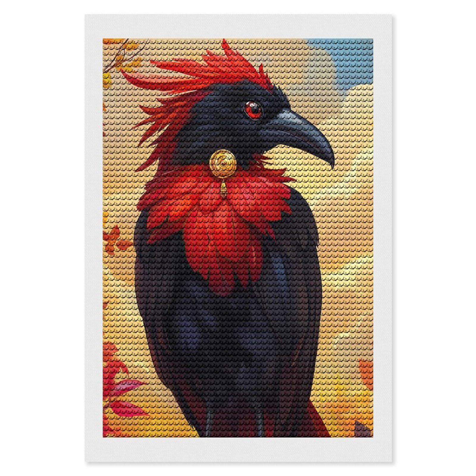 Junmoney Red-Crested Raven Diamond Painting Canvas Set 8"x12", Easy to Enjoy, Adhesive Canvas, Office Decor, Holiday Gift Idea, with Tool Kit