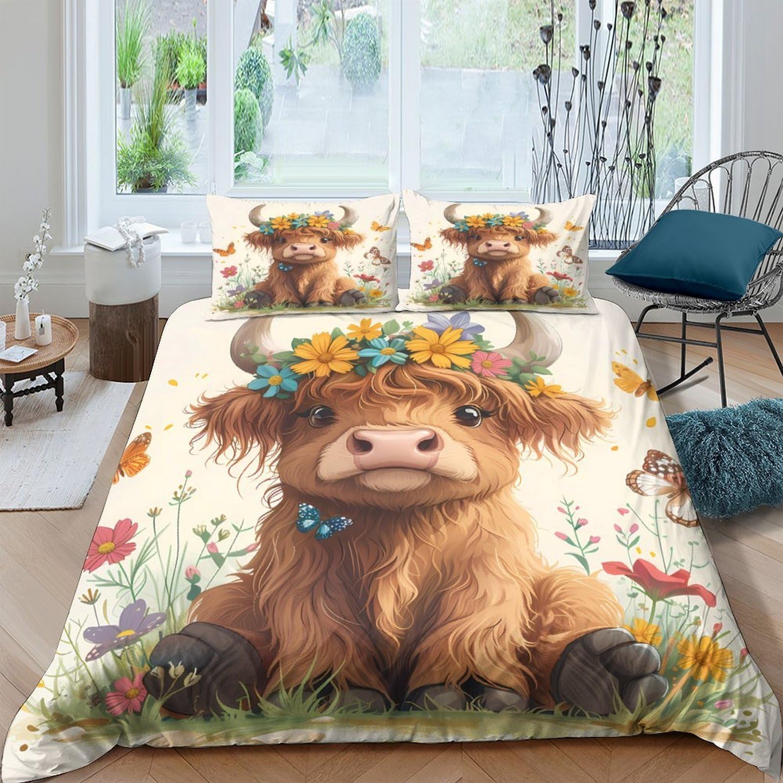Ctjqhvkz Style-1 3D Printed Highland Cow Fitted Sheet Microfiber Cute Flower Meadow Bed Cover For Bedroom Dorm Mattress Decor Single（135X200cm）
