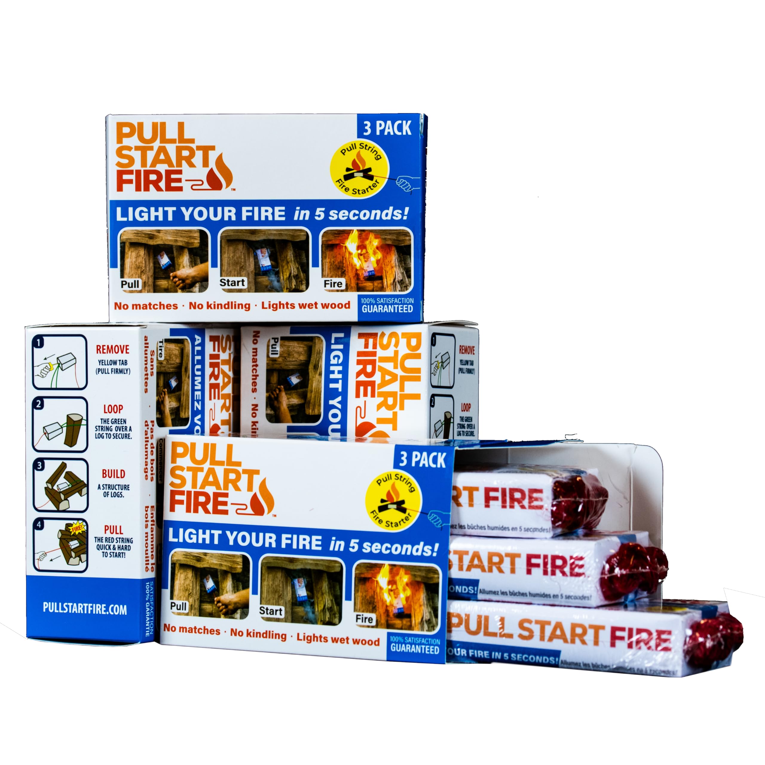 Pull Start Fire Pull String Firestarter | No Matches Required, Fire Starts in Seconds | for Campfires, Grill, Fireplace, BBQ | Lights Wet Wood, Easy to Use, Food Safe and Weather Resistant