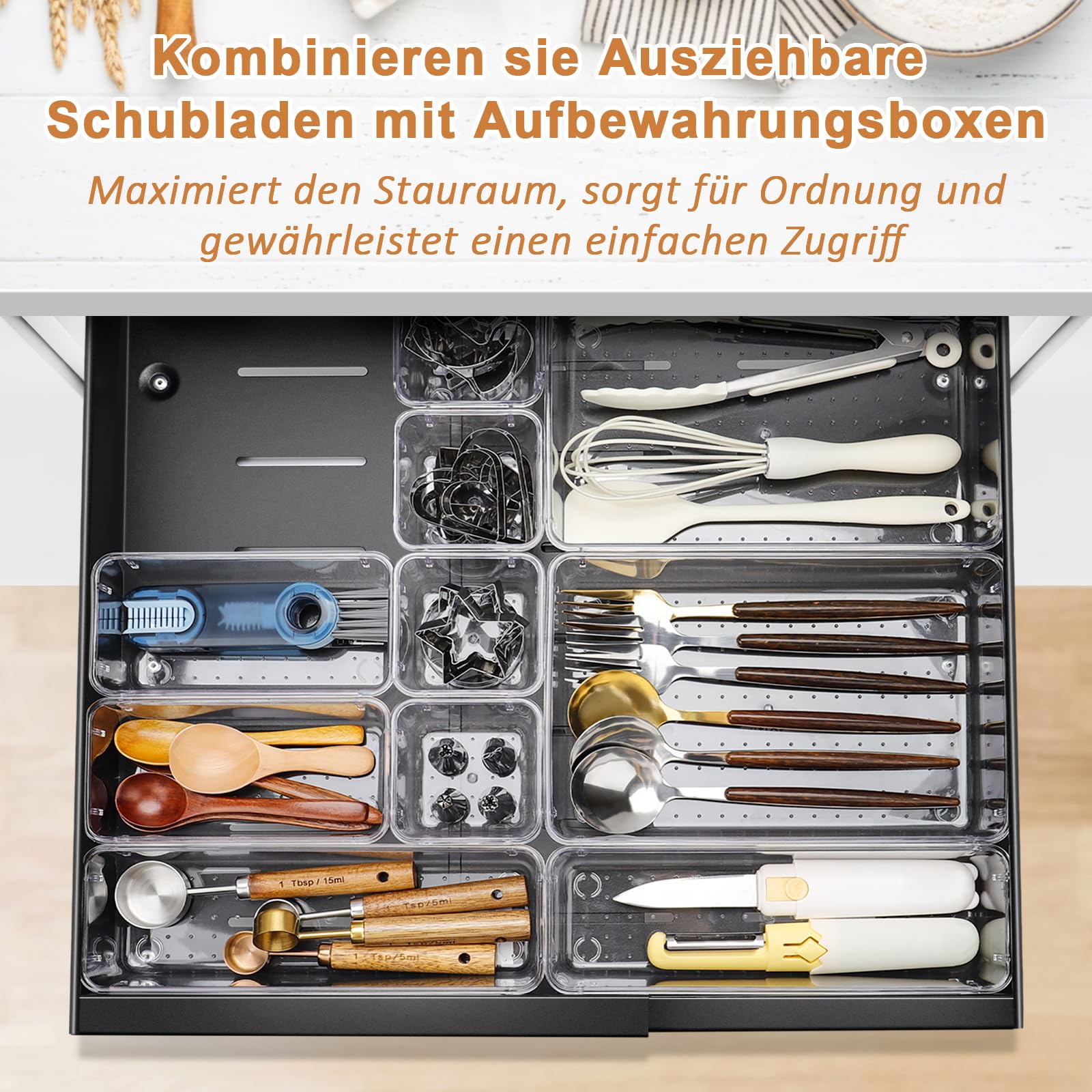 Ausziehbare Schublade Küche, 10 Aufbewahrungsboxen im Lieferumfang, Breite von 32–53 cm Verstellbar, 2 Montagearten, Teleskopschublade für Küche, Bad, Zimmern und Abstellräumen (Schwarz)