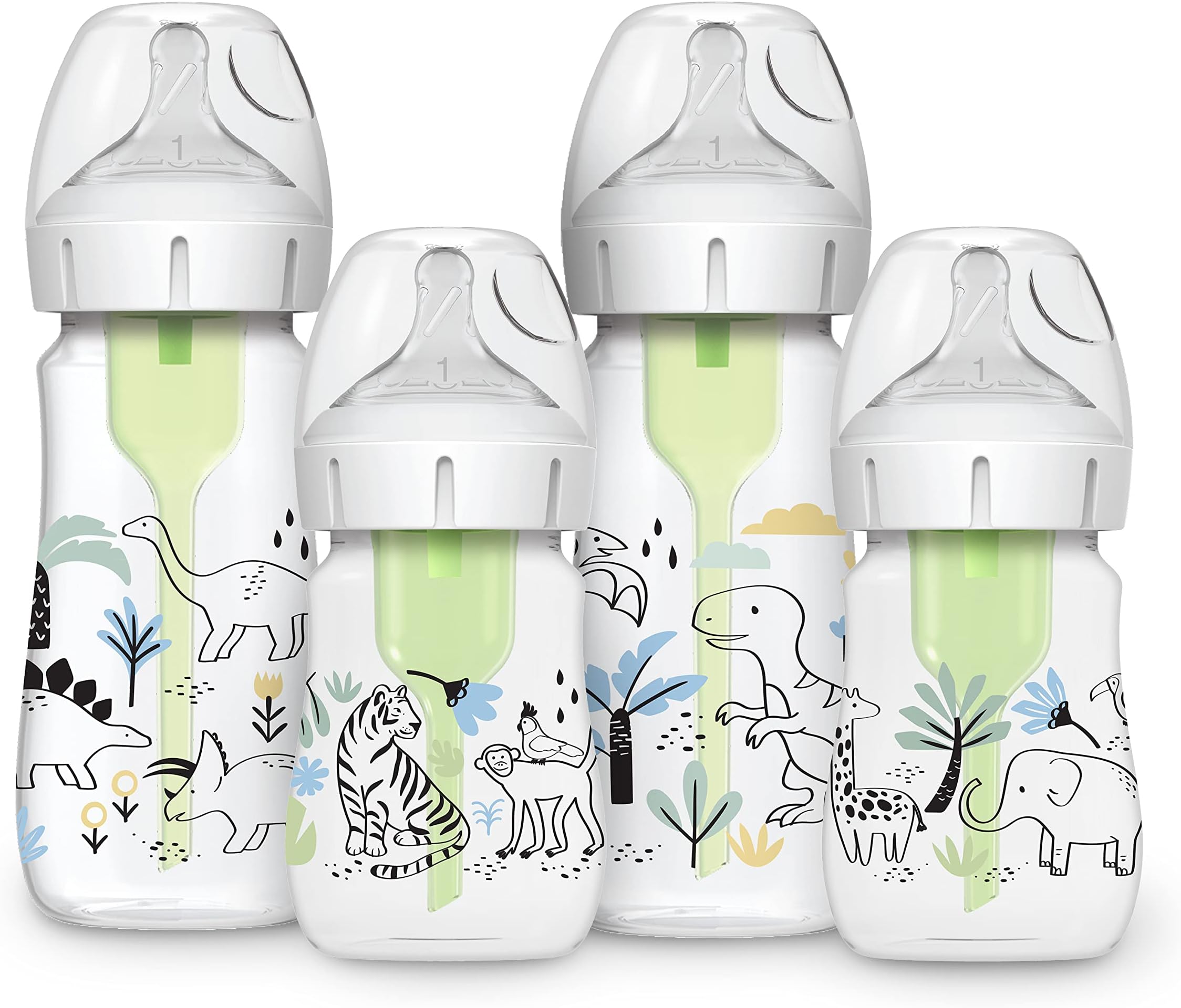 Dr. Brown's Anti-Colic Options + Wide-Neck Baby Bottle Designer Edition, Jungle, 5 oz/150 mL + Dino, 9oz/270mL, with Level 1 Slow Flow Nipple, BPA-Free, 0m+, 4-Pack