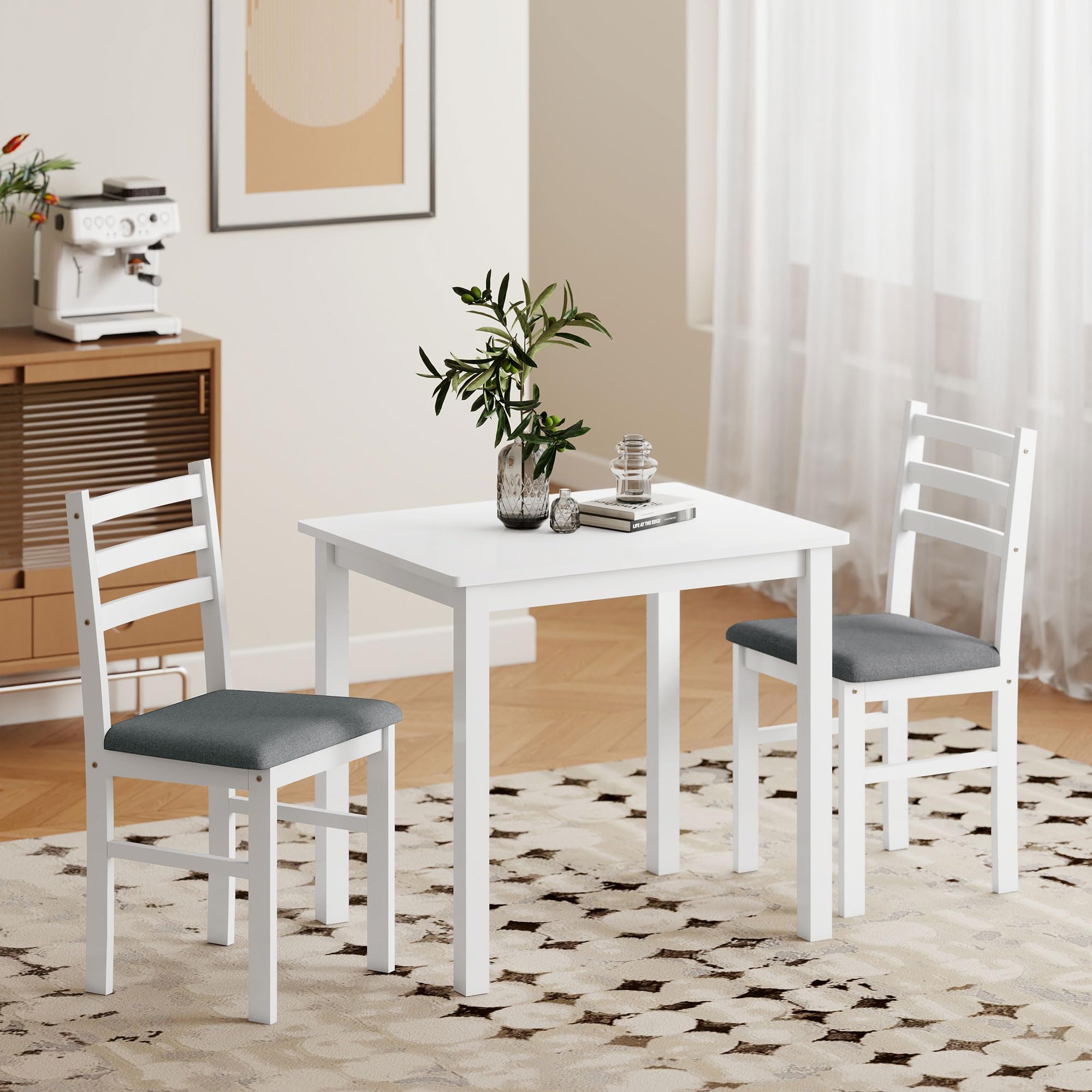 HOMCOM Essgruppe Holz 80 x 60 cm Esstisch mit 2 Stühlen Platzsparend Esszimmergruppe Sitzgruppe Rechteckig Küchentisch mit gepolsterten Essstühlen für kleine Raum, Esszimmer, Küche, Weiß
