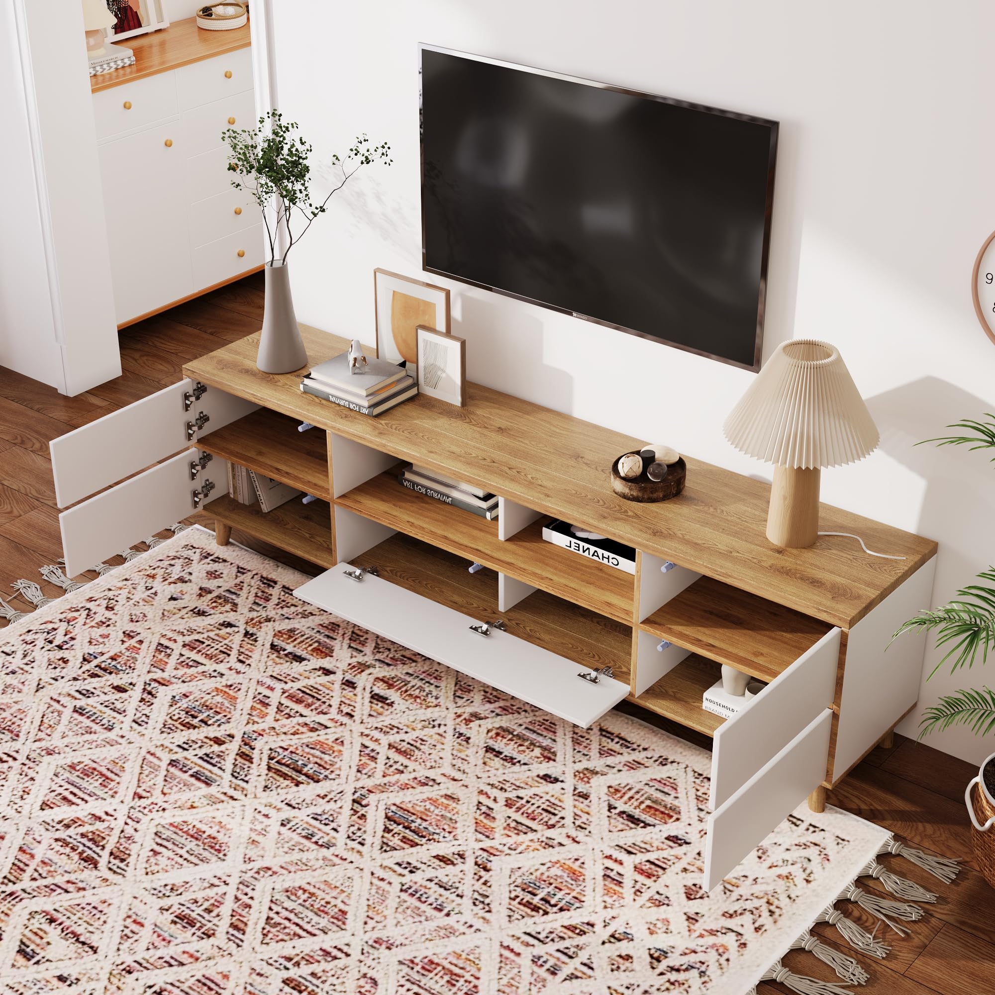 Merax Boden-TV-Schrank,TV-Sideboard Lowboard in Weiß und Holzoptik mit Fächern und Türen - Charmante Wohnzimmermöbel 175 * 37 * 51CM