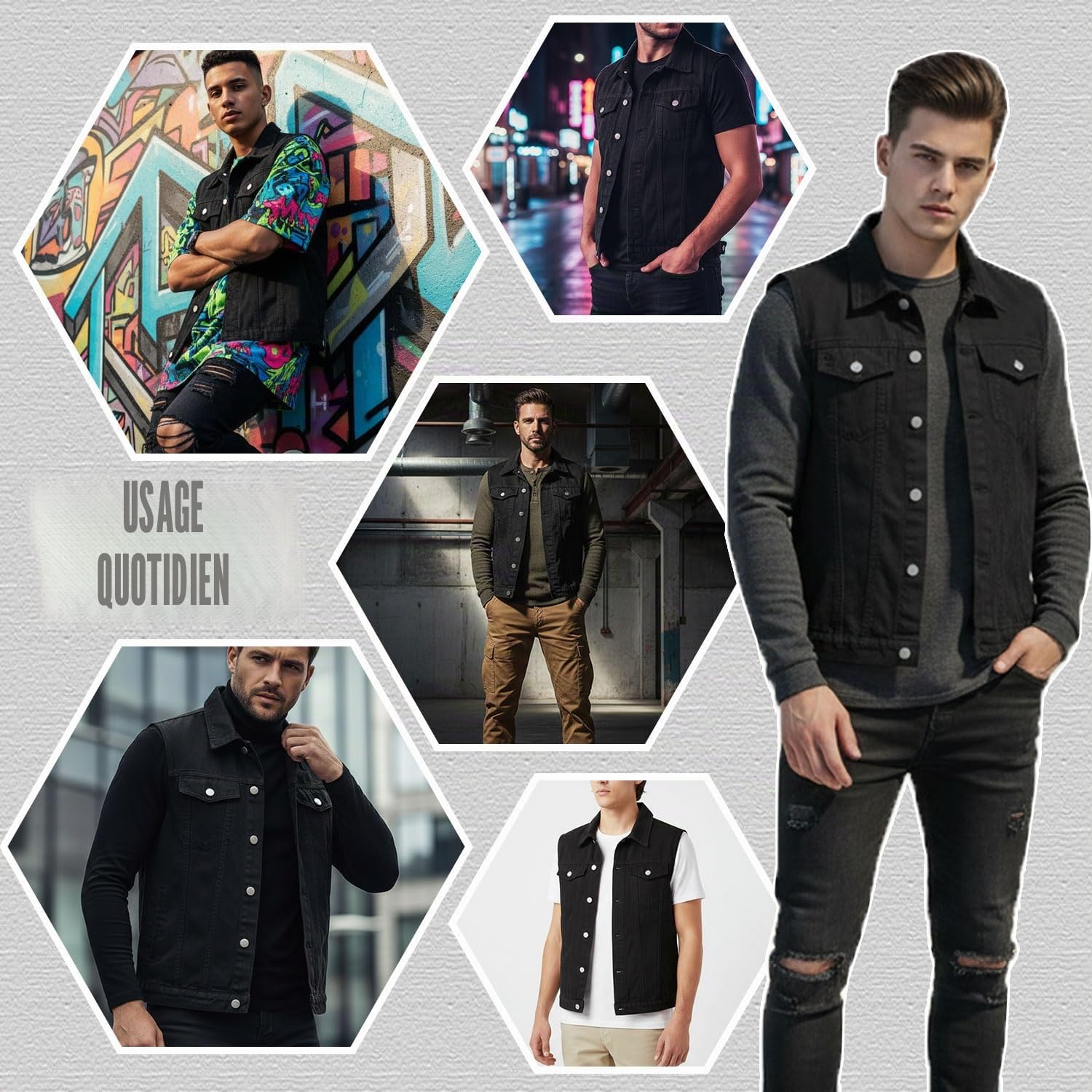 Gilet en Jeans pour Homme Rétro Gilet Moto en Denim Vintage Veste de Jeans Gilet de Motard Blouson Sans Manches en Jean