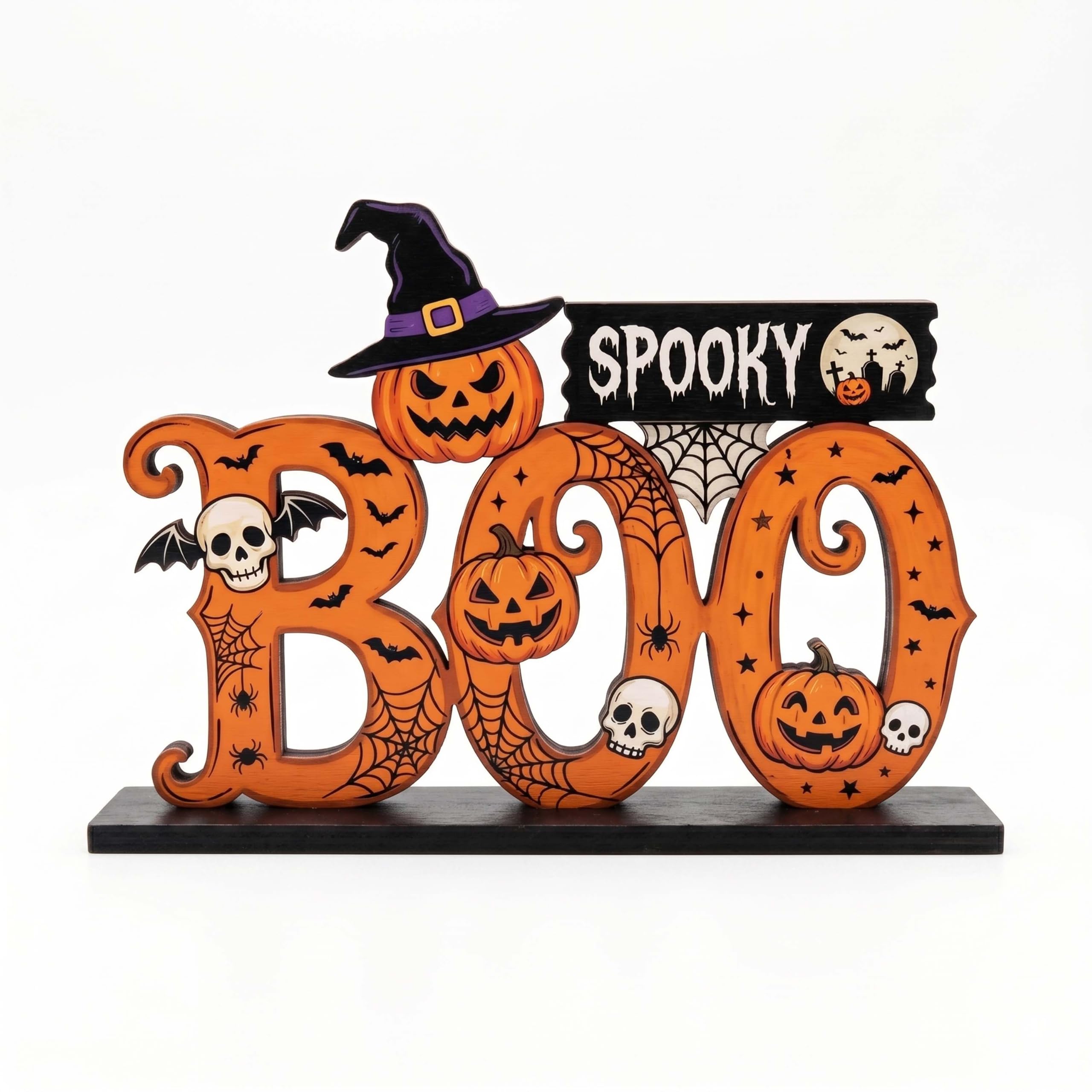 Halloween SPOOKY BOO Wooden Tabletop Centerpiece Sign, Cute Pumpkin Bat Skull Desk Decor for Office Indoor Home Tiered Tray Mantel Shelf Room Party Supply