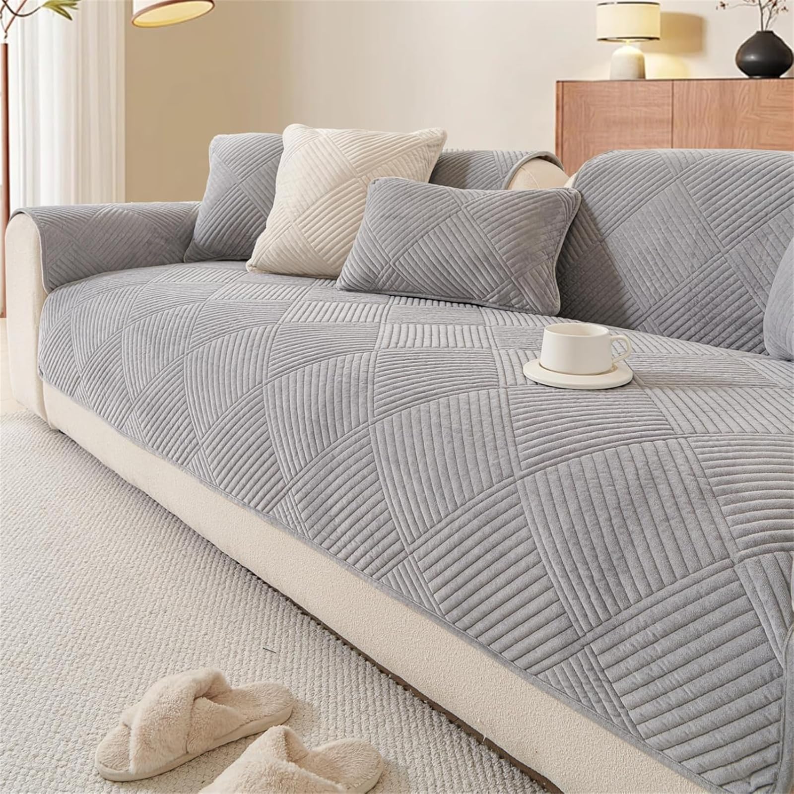 LINGKY Thick Sofa Covers Washable - Soft Milk Velvet Sofa Cover 2 3 4 Seater, Non-Slip Sofa Slipcovers, Sofa Cushion Covers Pet Couch Covers Furniture Protector for Living Room, Light Grey,110x210cm — image 1