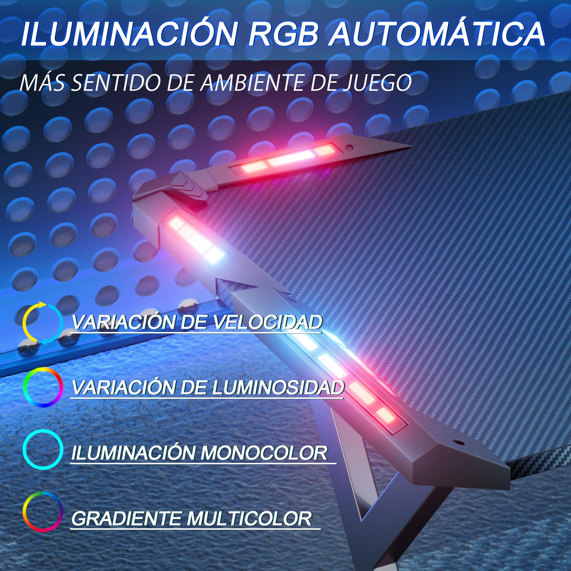 HLONONE Mesa Gaming LED 120 cm × 60 cm, Ergonómico Mesa Gamer con Tablero de Fibra de Carbono, Escritorio Gaming con Alfombrillas de ratón, Portavasos y Gancho para Auriculares, Negro