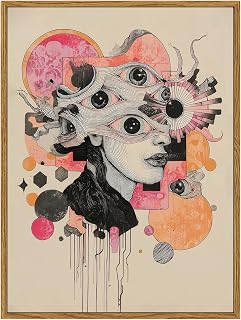 ARPEOTCY Vintage Framed Canvas Wall Art, 12x16 Surreal Abstract Portrait Artwork, Psychedelic Modern Illustration Print for Bedroom, Living Room, Studio Wall Decor