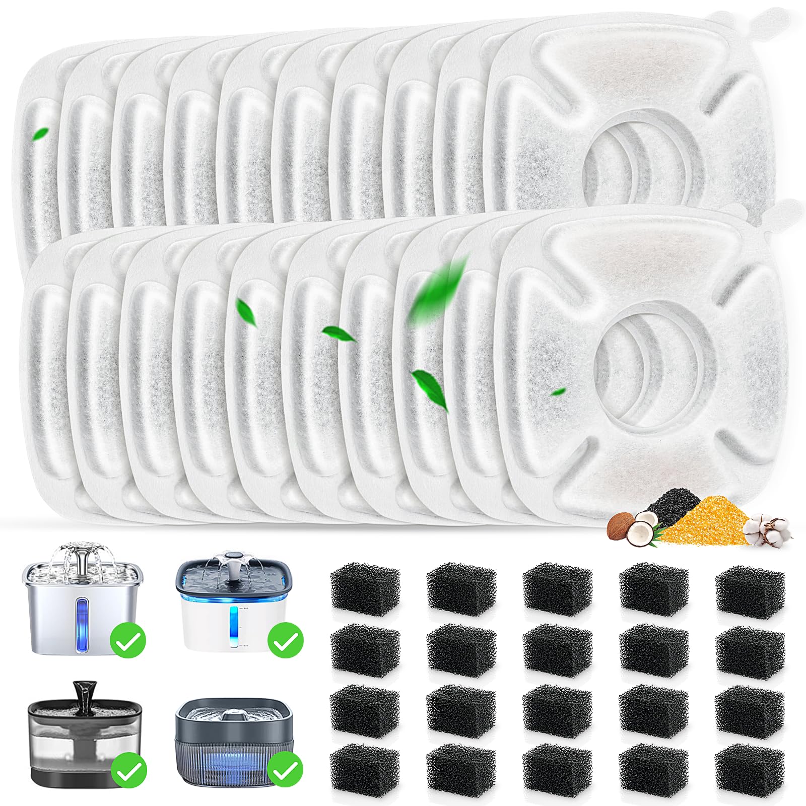40 Pack Cat Water Fountain Carbon Filters, 20 Pcs Replacement Pet Filters with 20 Pcs Pre-Sponges Compatible with 67oz/2L 95oz/2.8L 135oz/4L Automatic