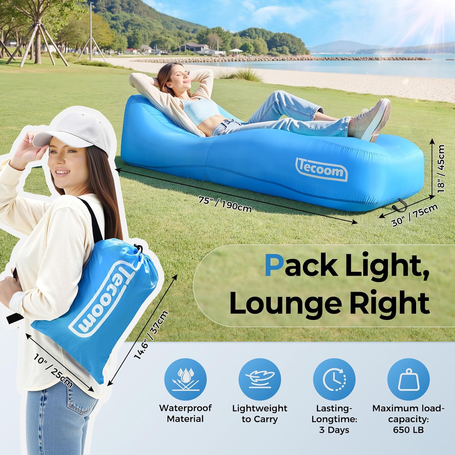 Tecoom Inflatable Lounger Couch Sun Air Sofa Hammock, Waterproof Blow up Beach Chair 2 Person, Glamping Accessories for Camping, Hiking, Traveling, Movies Night, Music Festival, Indoor Outdoor Matches