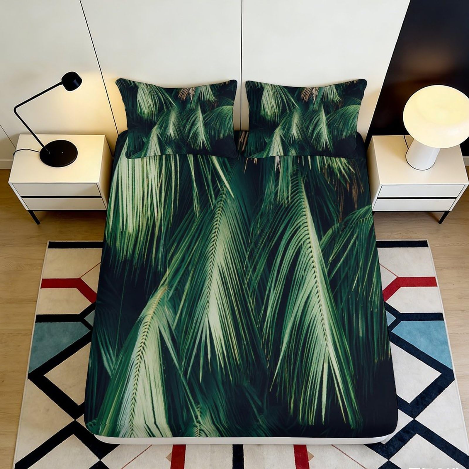 3D Printed Palm Leaf Fitted Sheet Microfiber Green Tropical Forest Mattress Cover for Bedroom Guest Room Decor 90x200x25cm