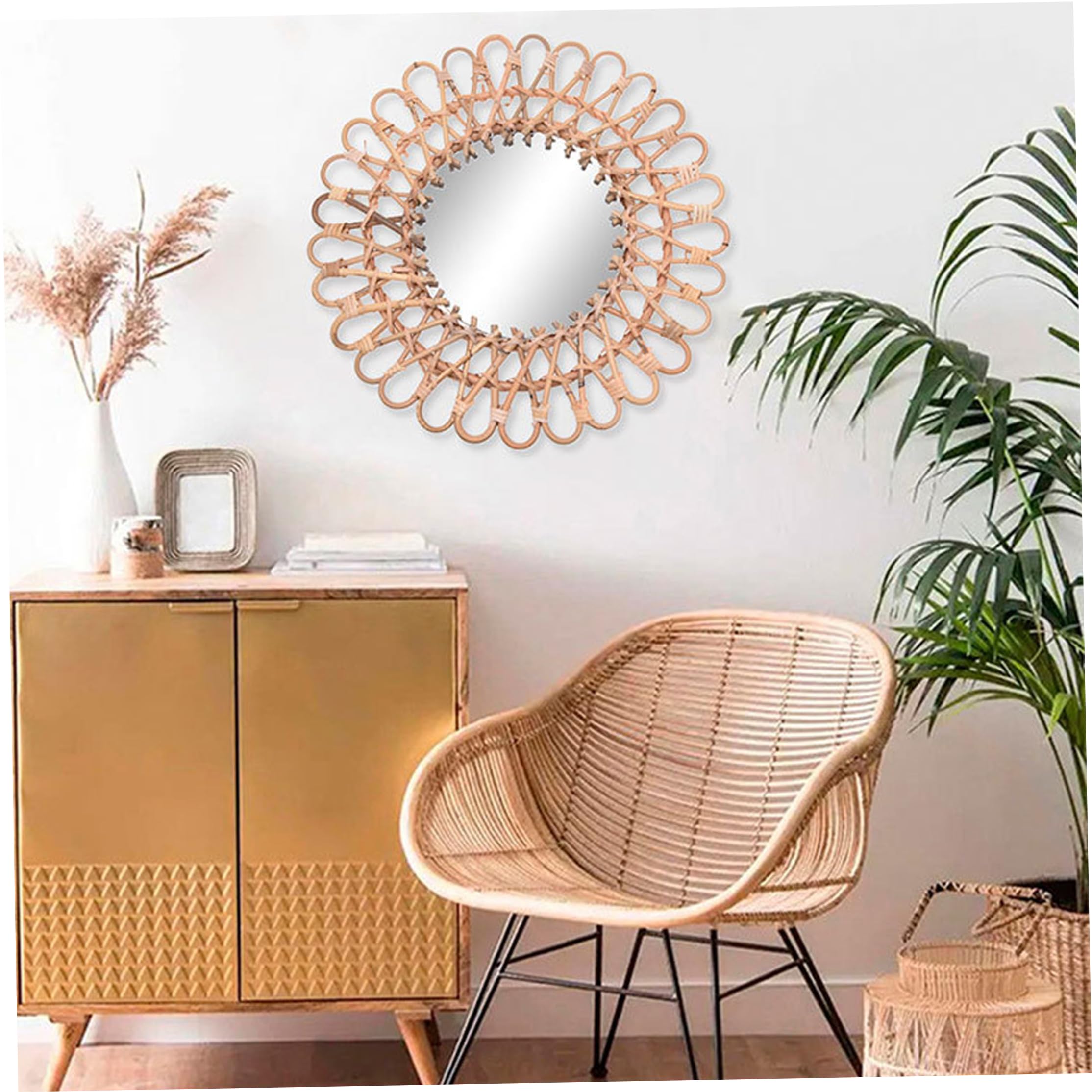 Espejo de ratán tejido a mano, decoración de habitación boho caqui