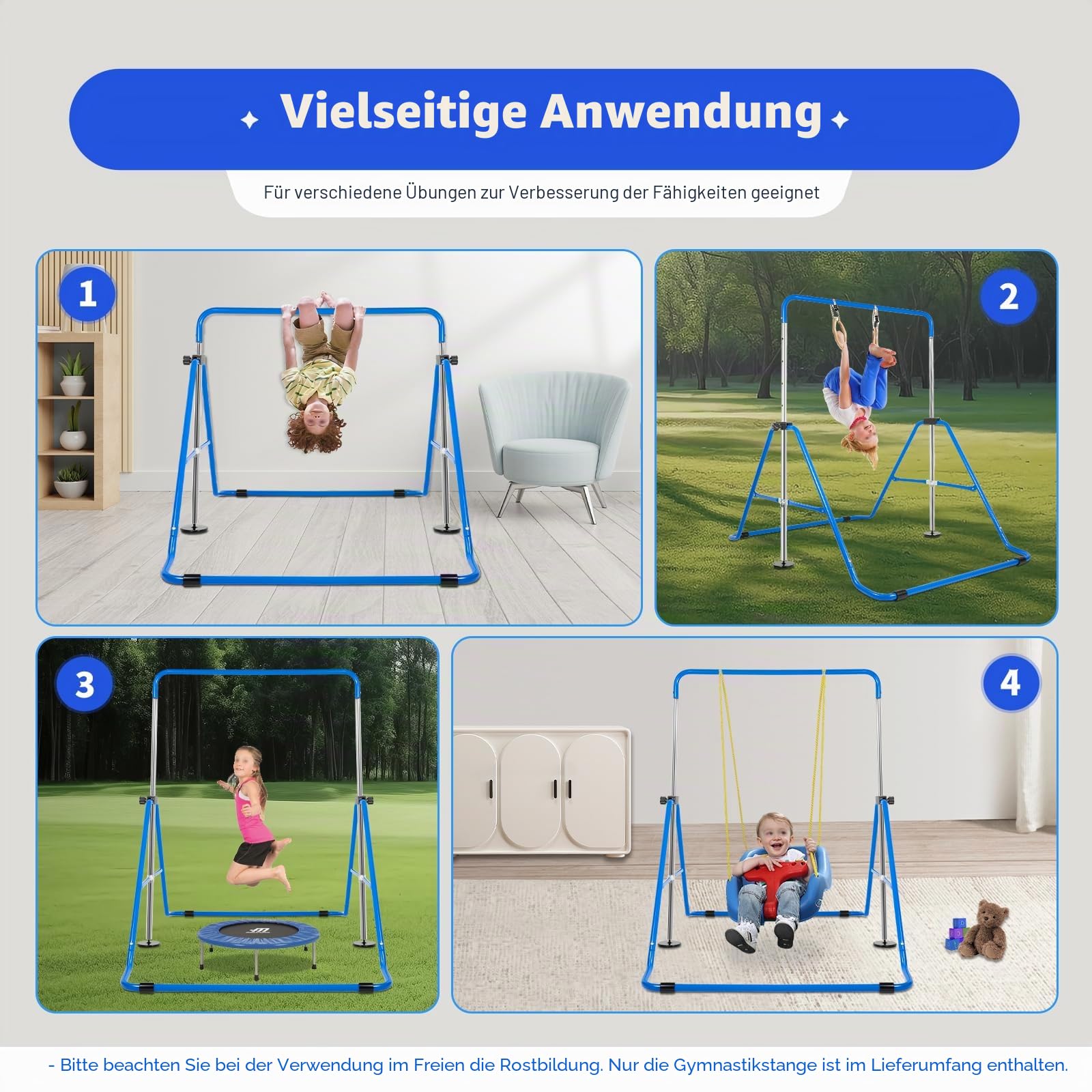 Faltbarer Gymnastikstange, Robuste Turnstange Reckstange Indoor mit 5 Höhenverstellbar, Trainingsgerät bis 150 kg, Kinder Turnreck Gymnastik Reck für Indoor-Training, Blau
