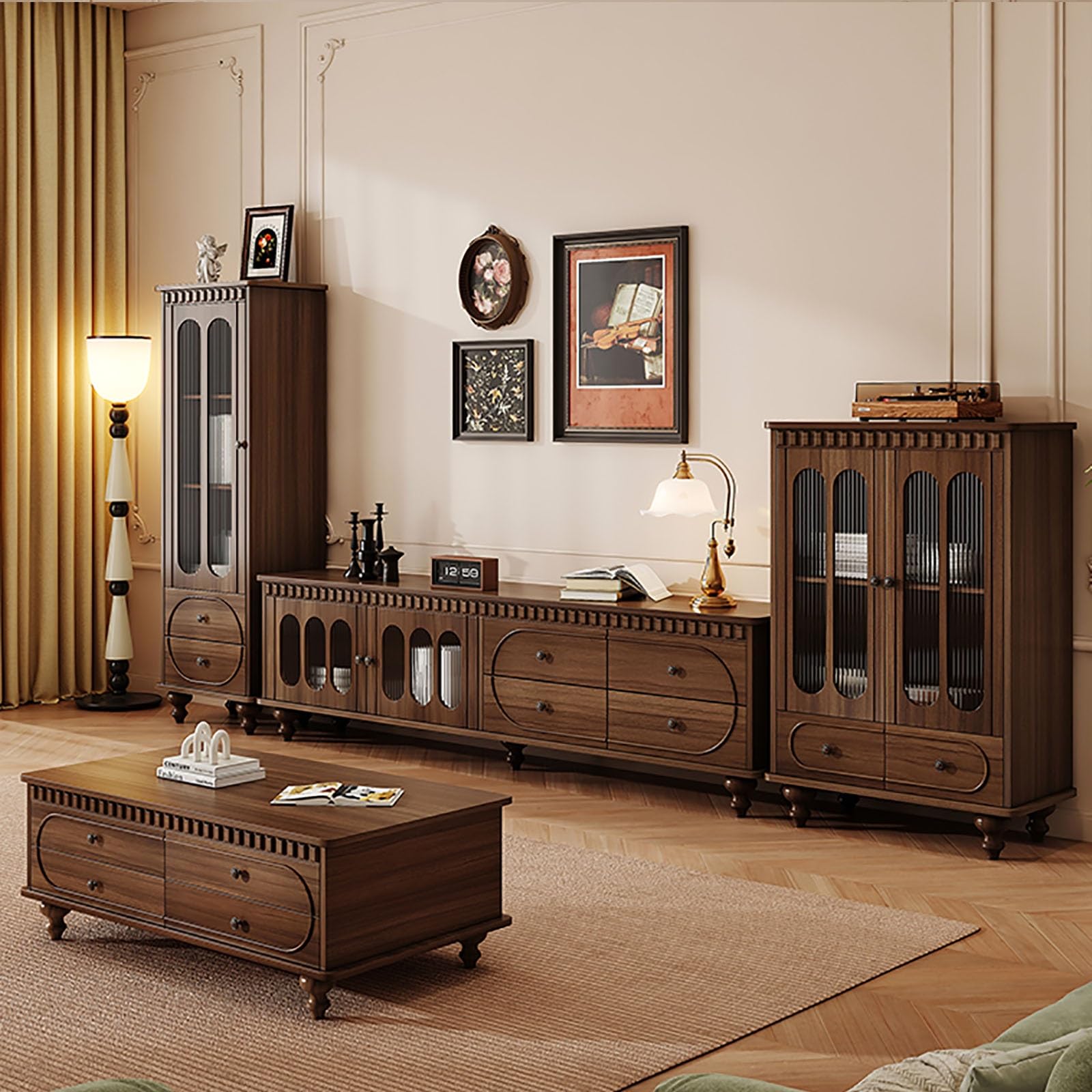 Supporto per console TV vintage con ante in legno massello di vetro Hazy da 180 cm, centro di intrattenimento per soggiorno, mobili eleganti per TV e media