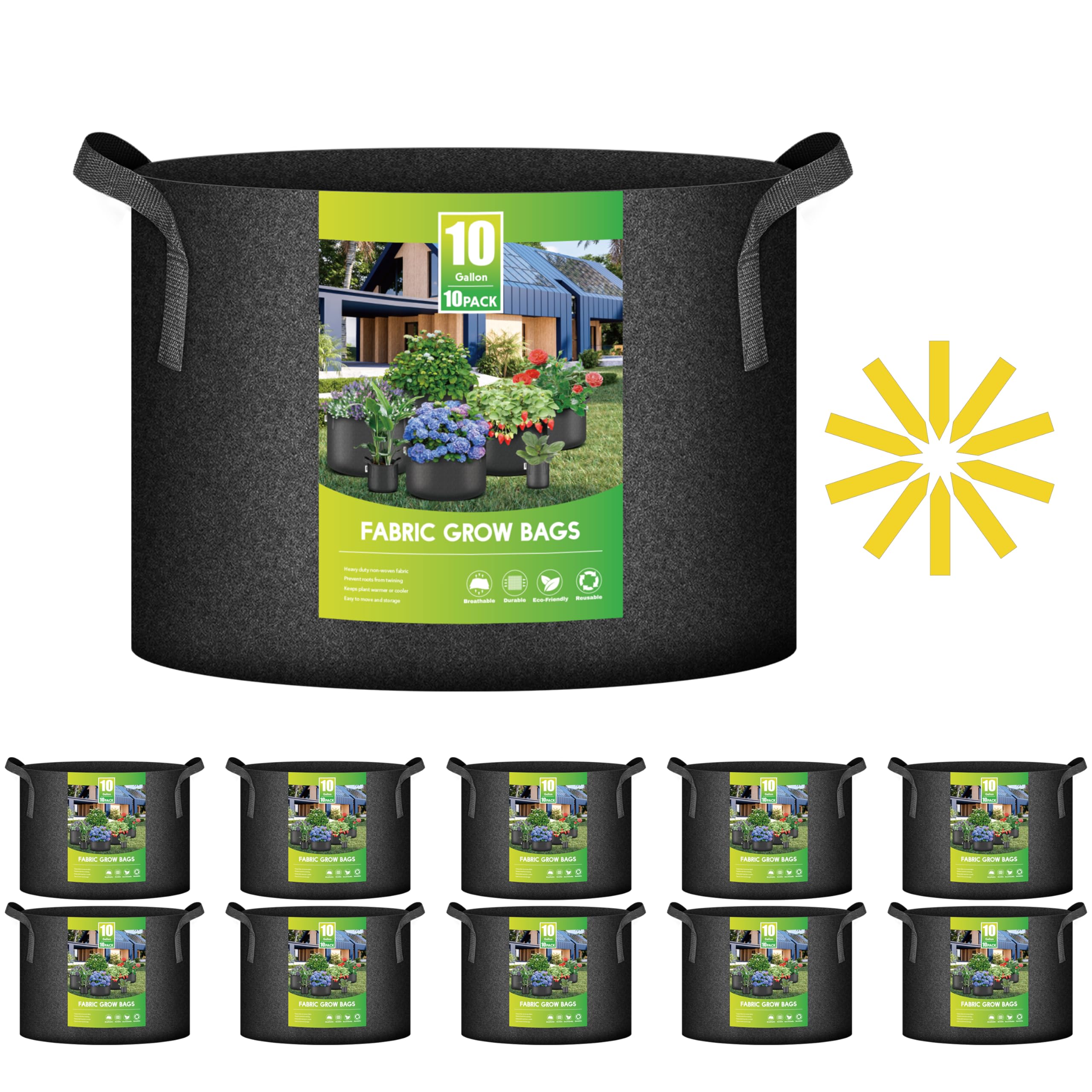 iPower Sacchi per piante in tessuto non tessuto, contenitore di ventilazione con maniglie per il giardino e le piante, 37,9 litri, confezione da 10, colore: Nero