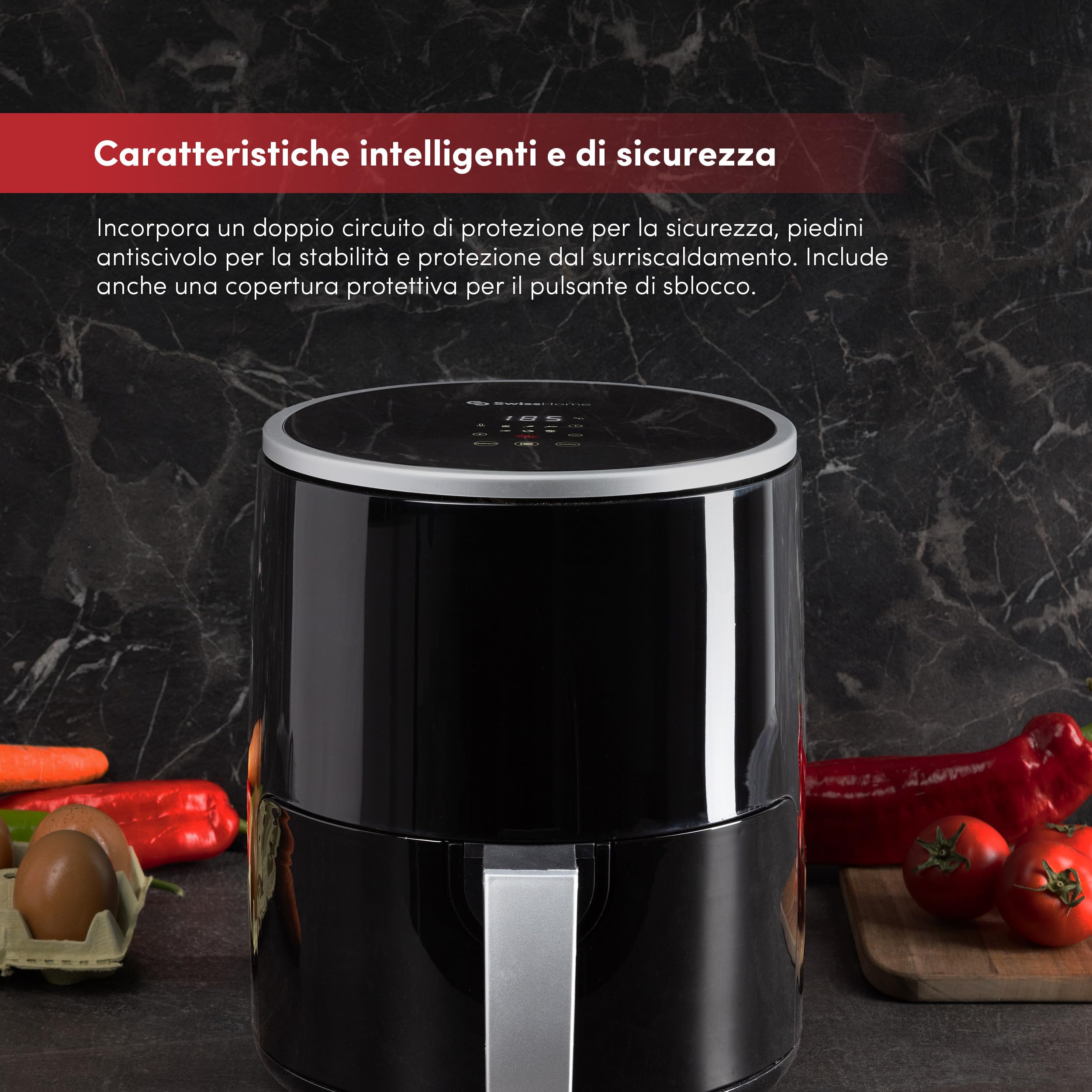 Z SwissHome PETIT - Friggitrice ad aria 2.5L 1200W - Display digitale - Temperatura regolabile 80-200°C - Timer 60 minuti - Pentola in teflon rimovibile - Protezione da surriscaldamento