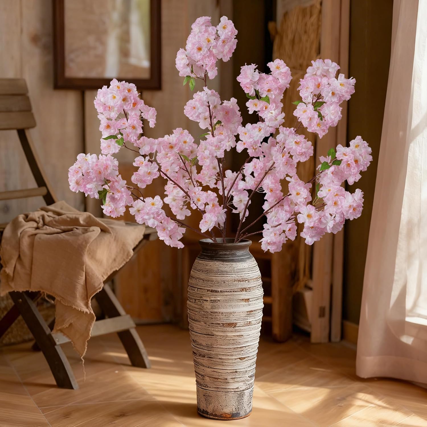 YOUNGLEAVES 3 Pcs Pink Artificial Cherry Blossom Branches, 40 Inch Realistic Faux Long Stems Cherry Blossom Flowers Vase Arrangements for Wedding, Table Centerpiece, Home Party, Kitchen Decor